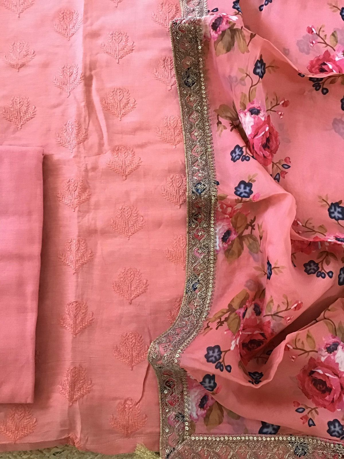 Pure Linen Chanderi Silk Embroidered Suit - Peach
