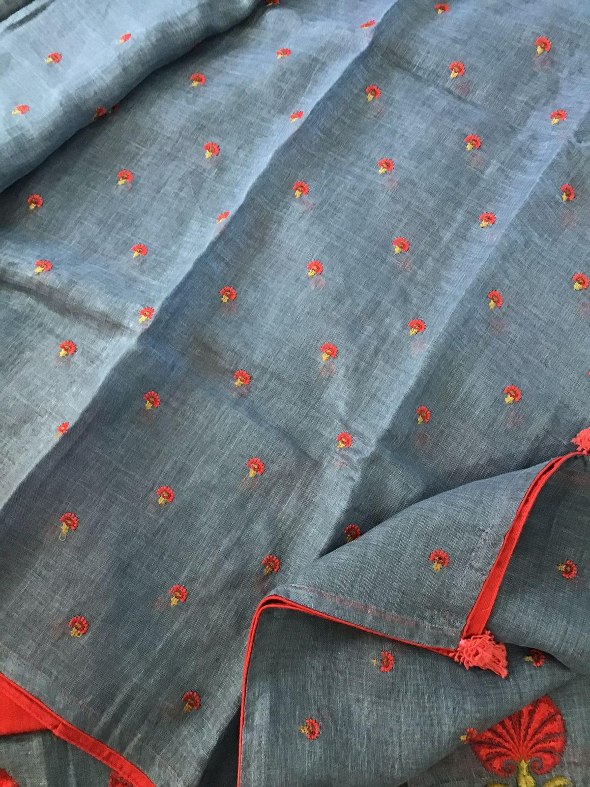 Pure Linen Jute Cotton Embroidered Suit - Grey