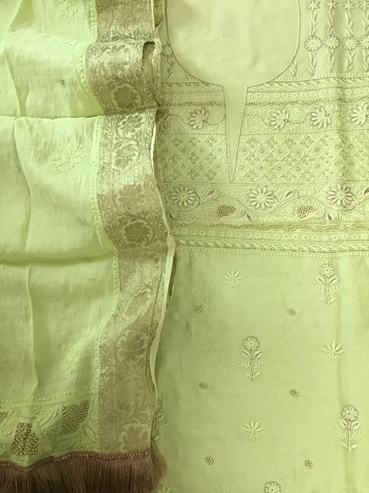 Pure Chanderi Chikankari Embroidered Suit - Lime