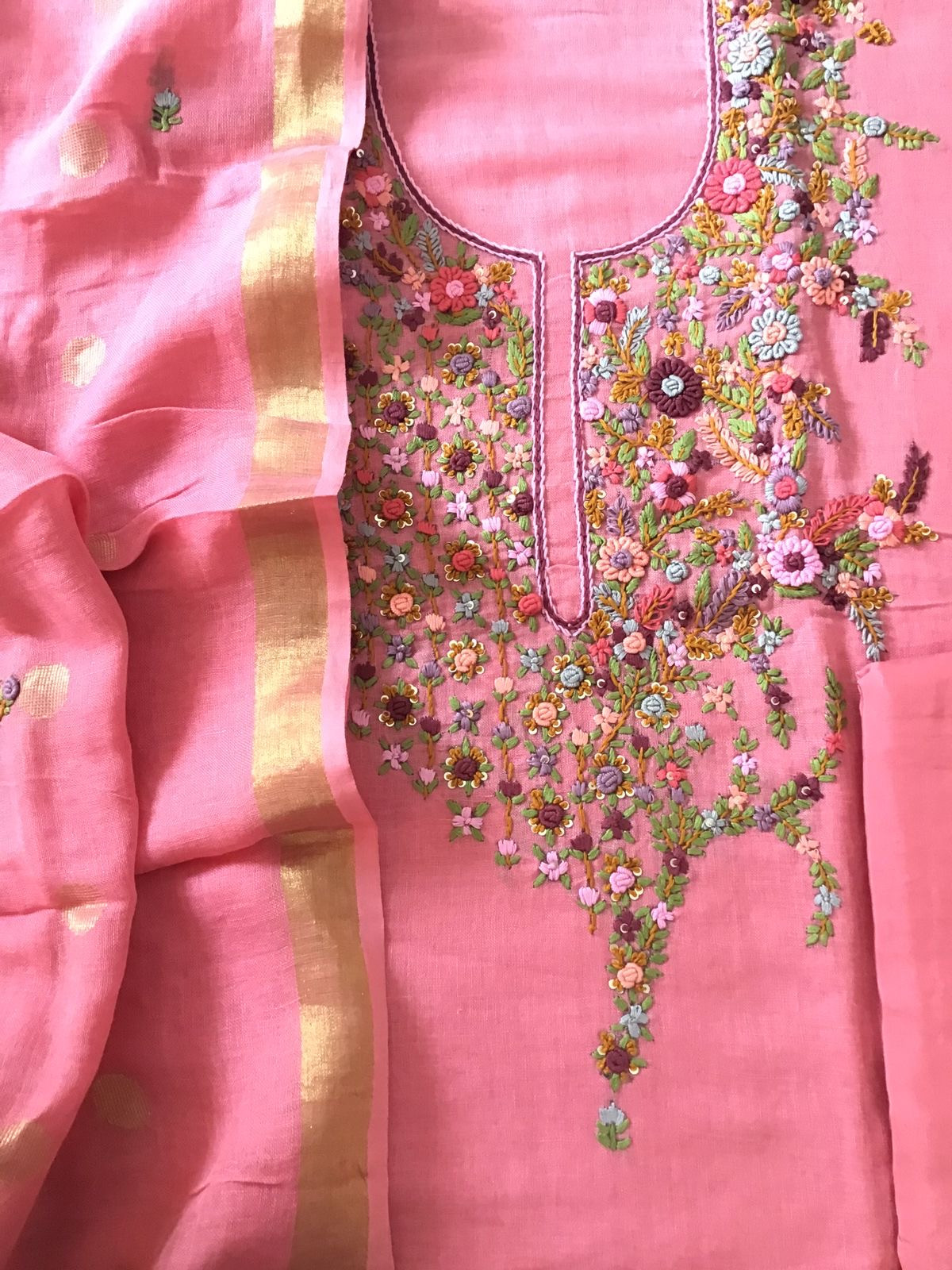 Pure Linen Jute Cotton Embroidered Suit - Pink
