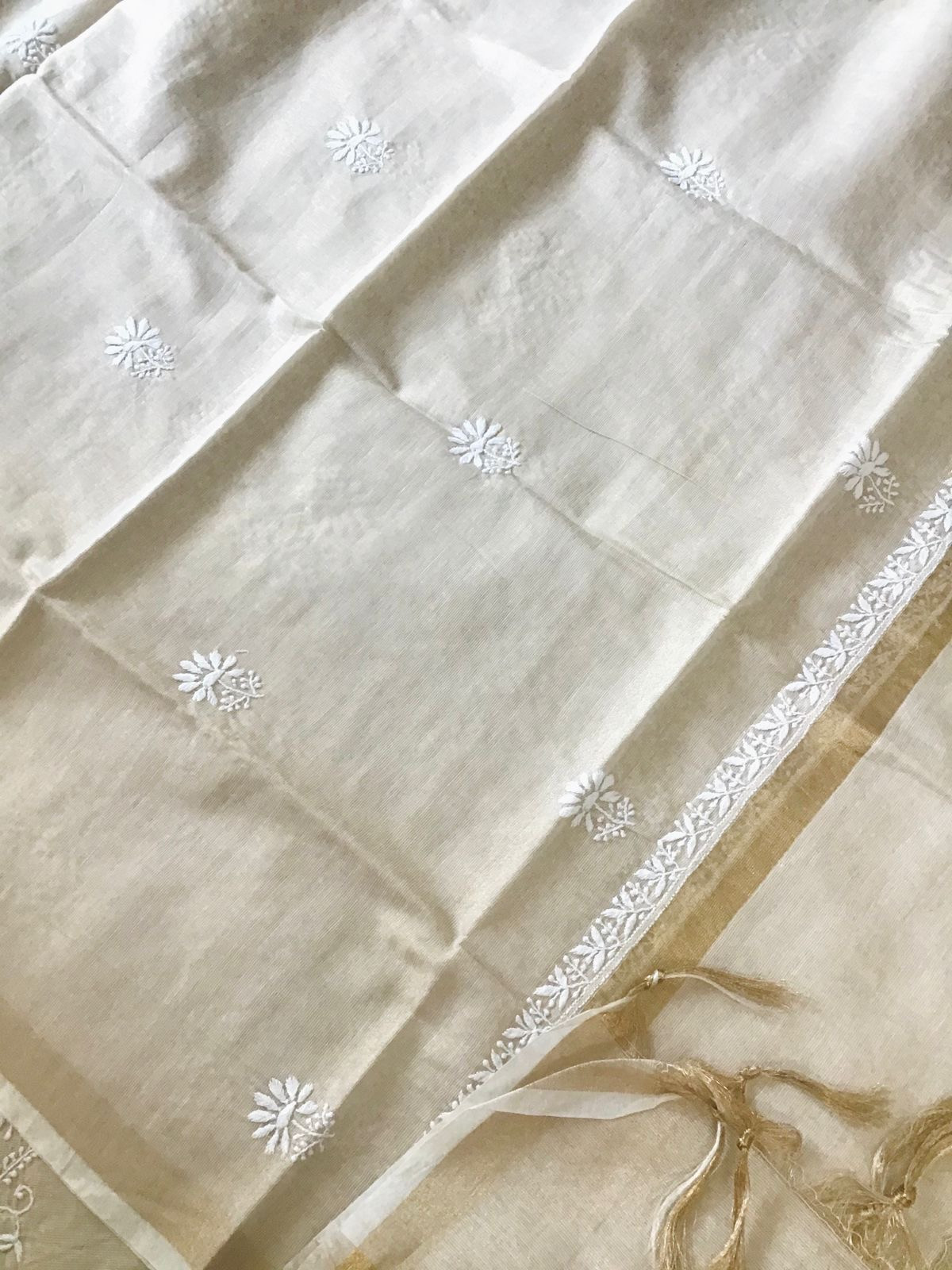Pure Tissue Chanderi Chikankari Embroidered Suit - Beige