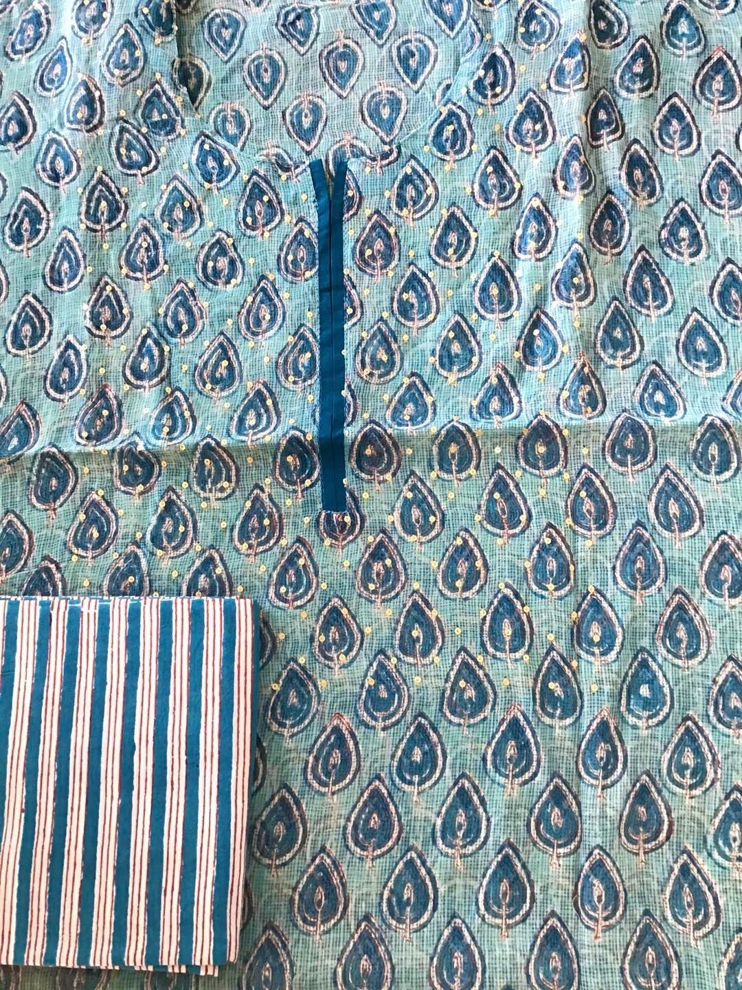 Pure Kota Cotton Printed Embroidered Suit - Blue