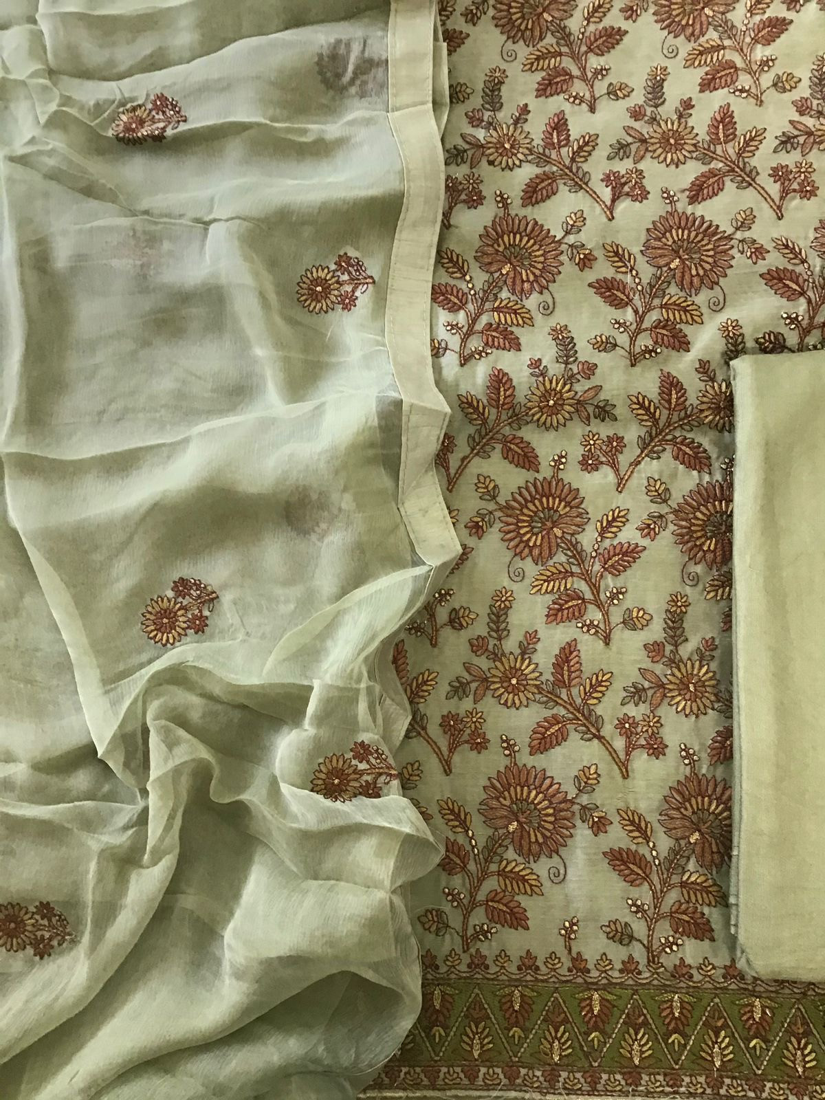 Pure Chanderi Embroidered Suit - Green