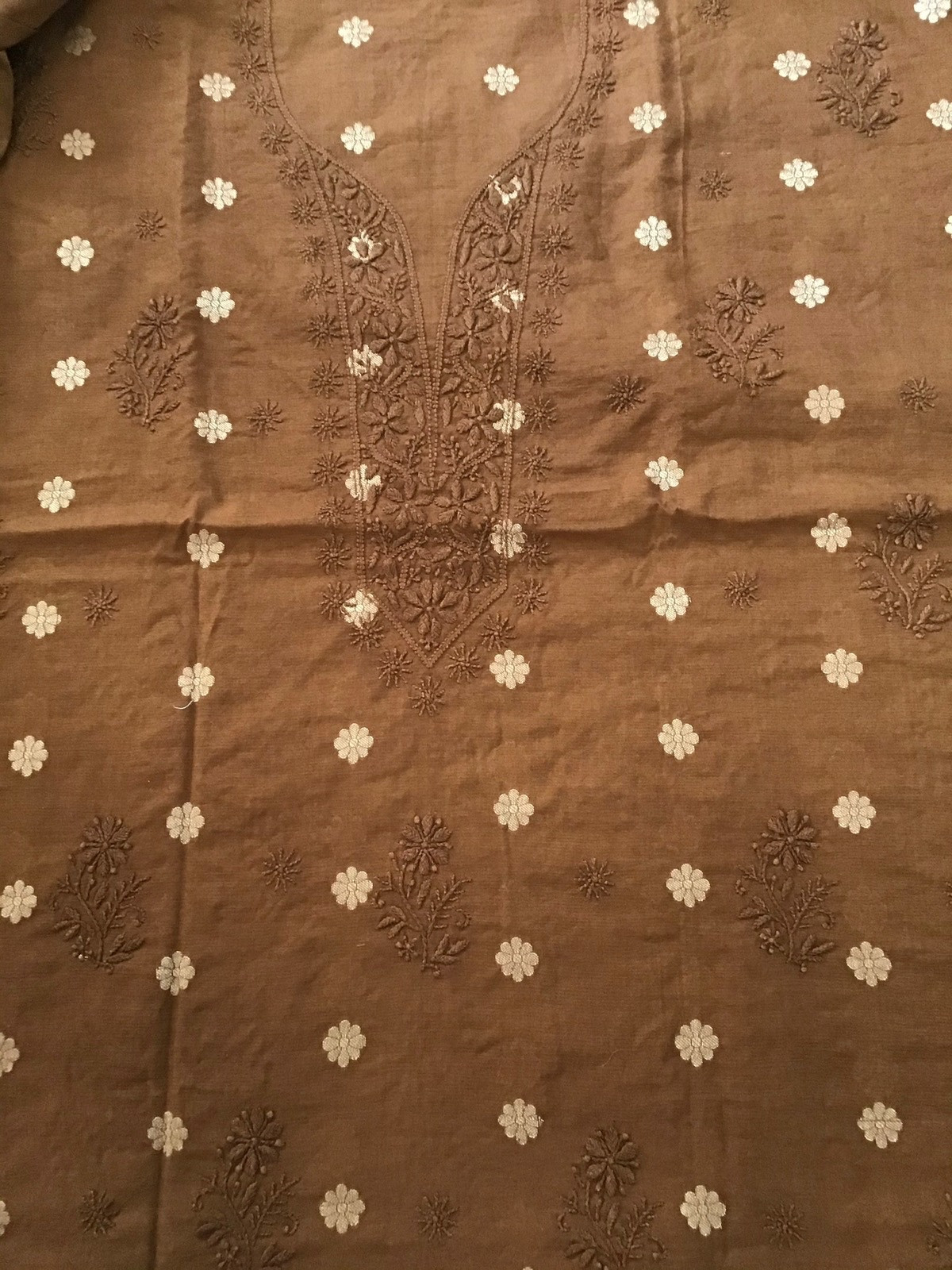 Pure Chanderi Chikankari Embroidered Suit - Brown