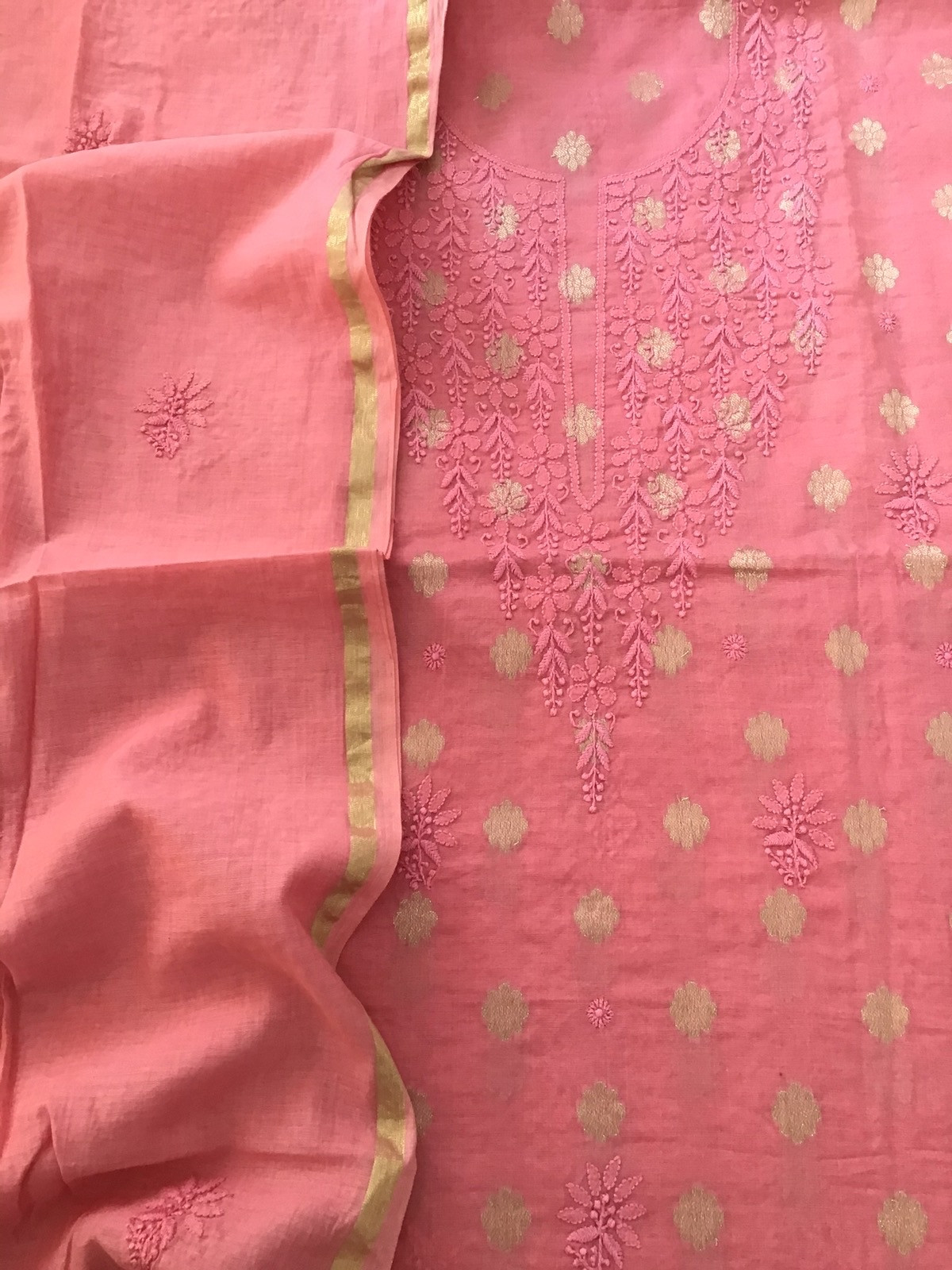 Pure Chanderi Chikankari Embroidered Suit - Light Peach