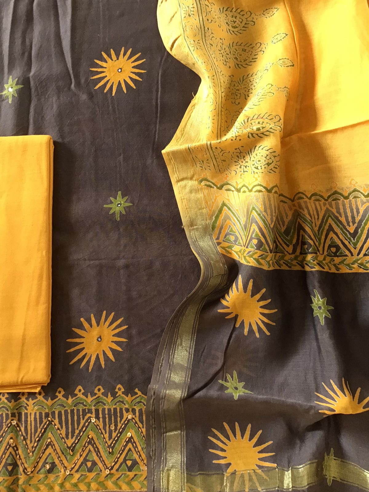 Pure Chanderi Printed Embroidered Suit - Brown