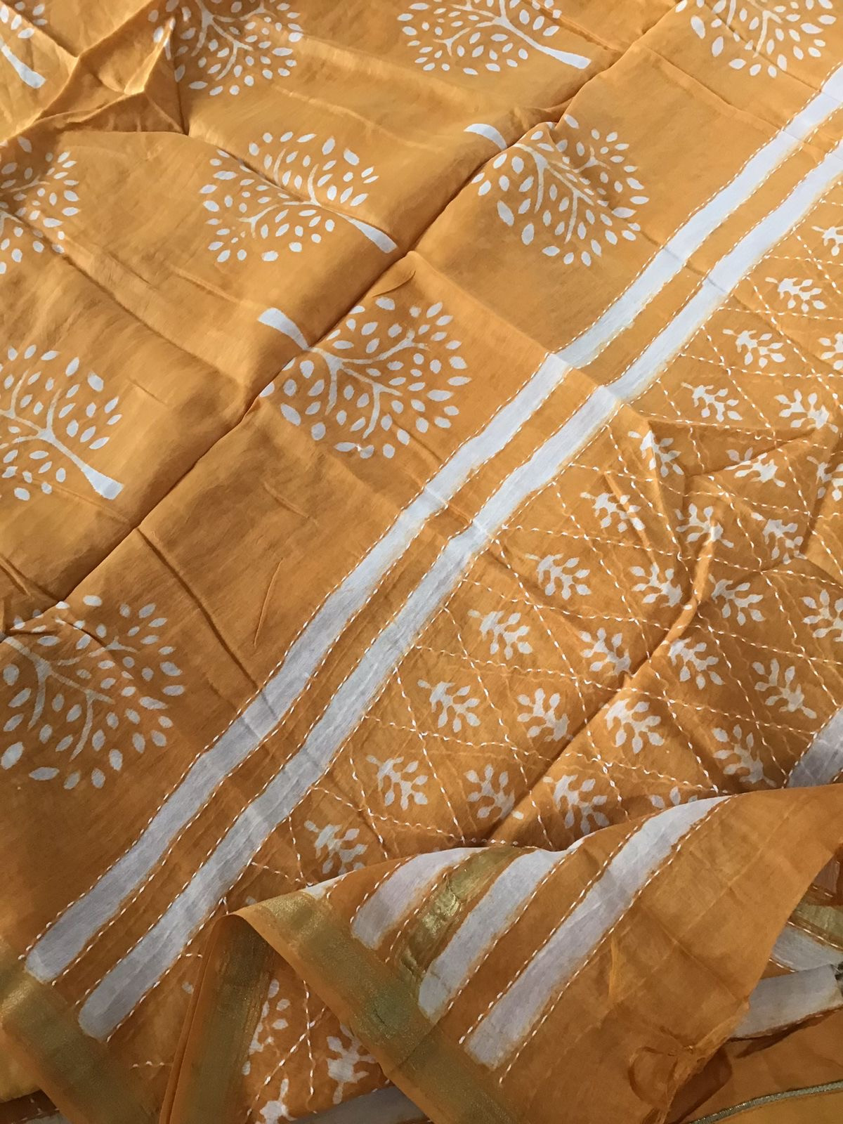 Pure Chanderi Printed Embroidered Suit - Orange