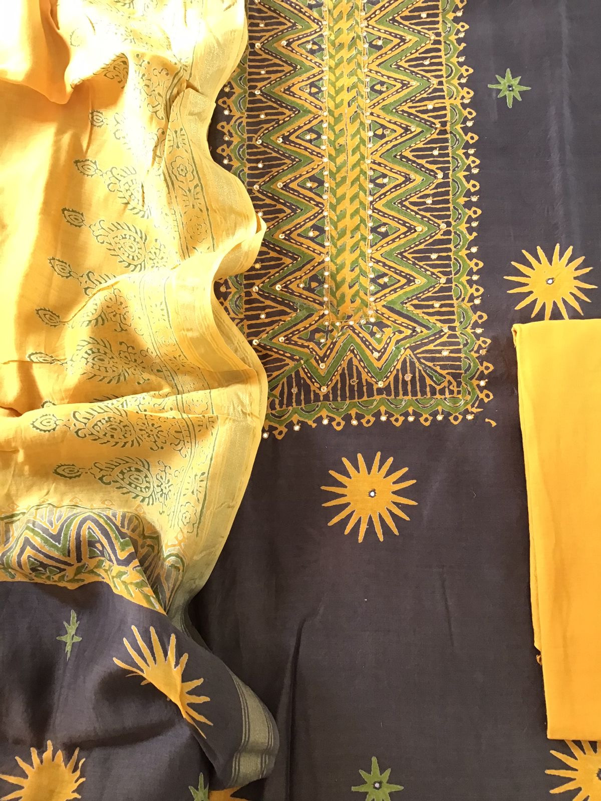 Pure Chanderi Printed Embroidered Suit - Brown