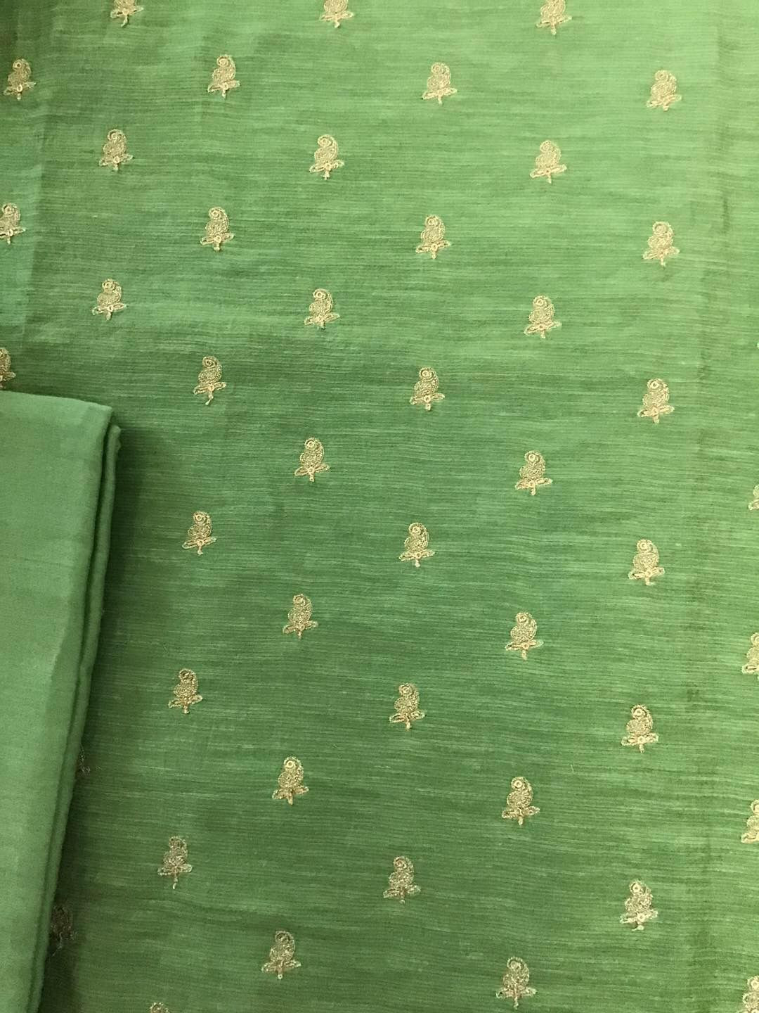 Pure Linen Chanderi Silk Embroidered Suit - Green