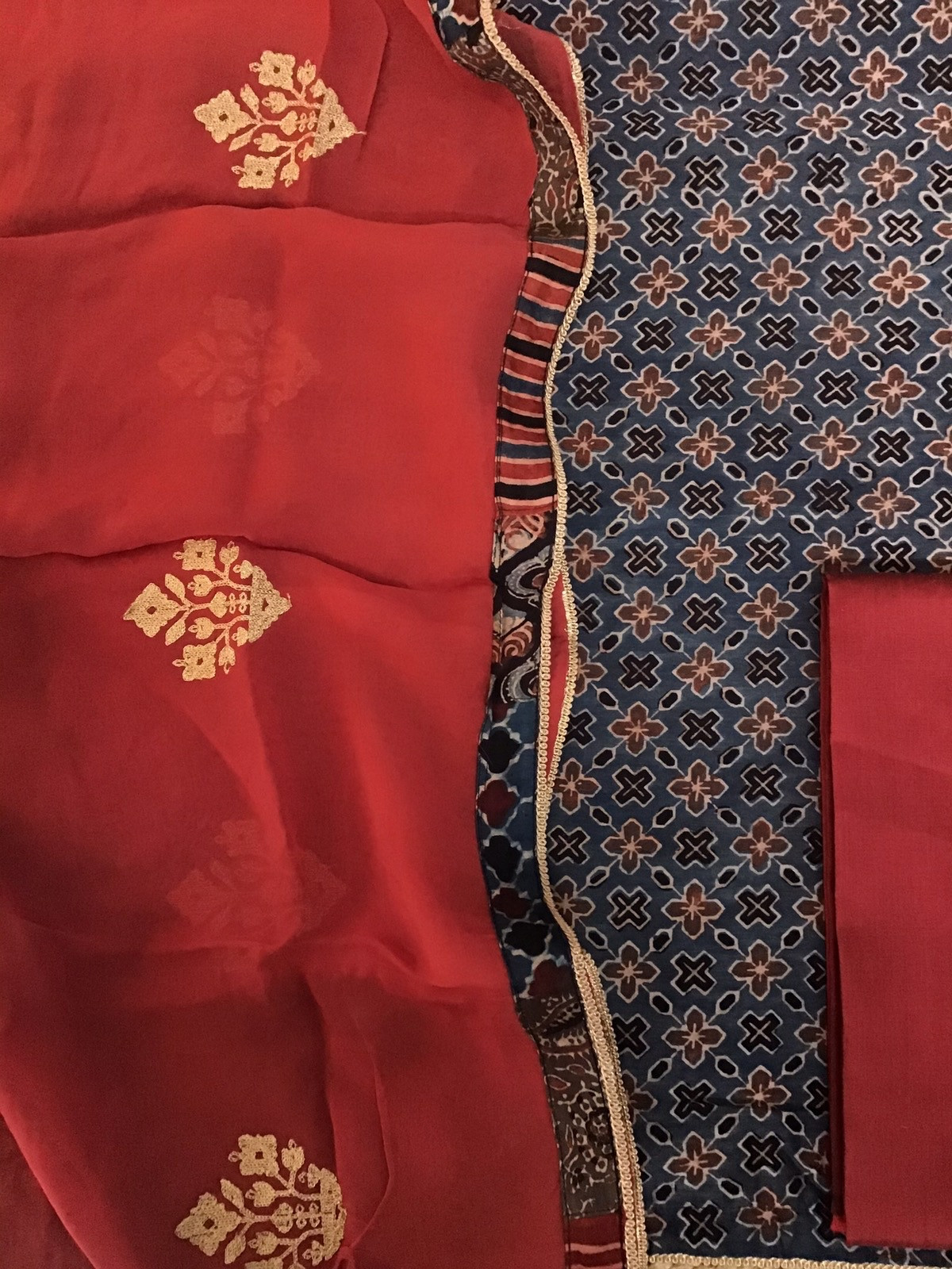 Pure Maheshwari Silk Ajrakh Printed Embroidered Suit - Blue