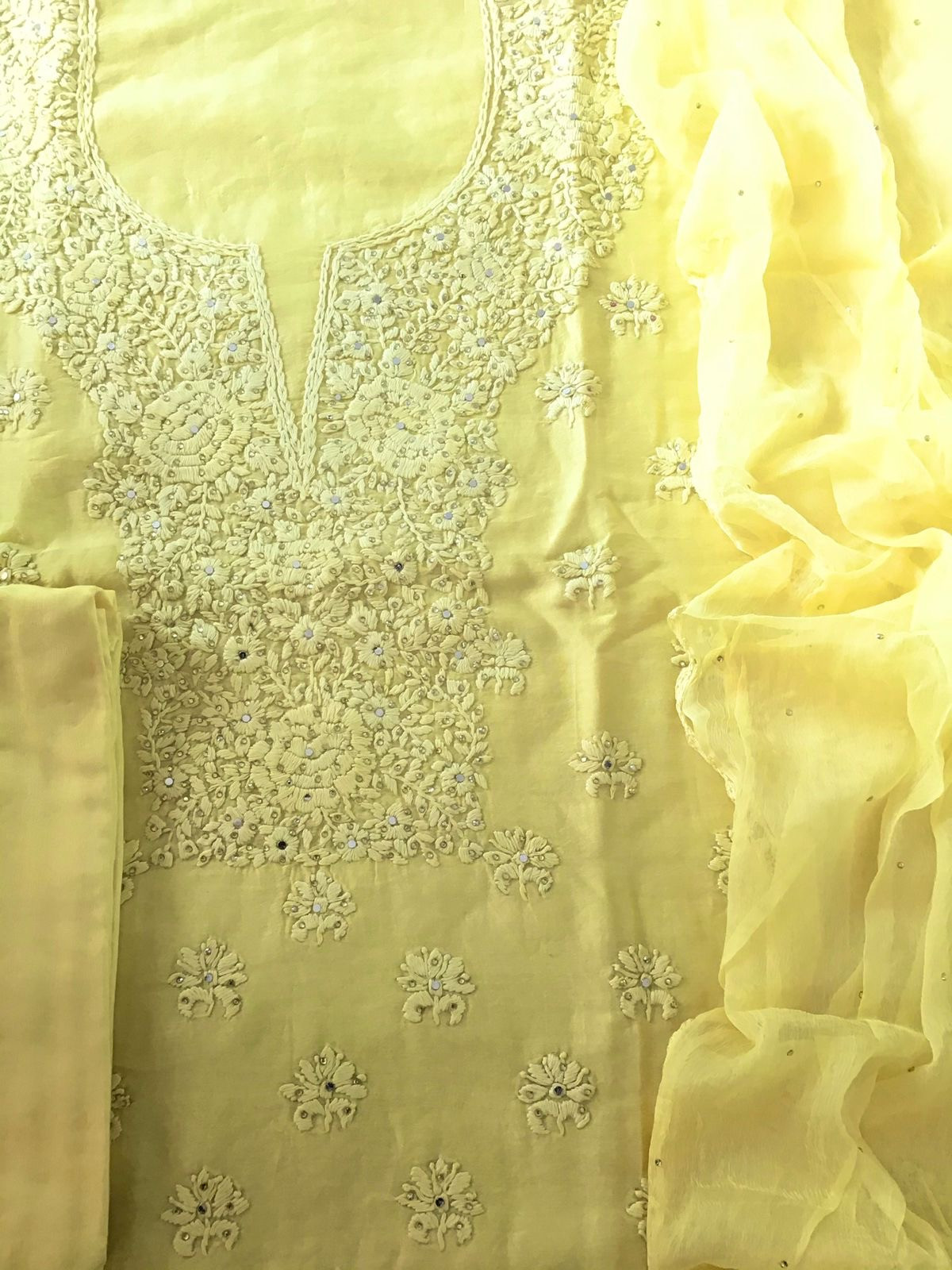 Pure Chanderi Embroidered Suit - Yellow