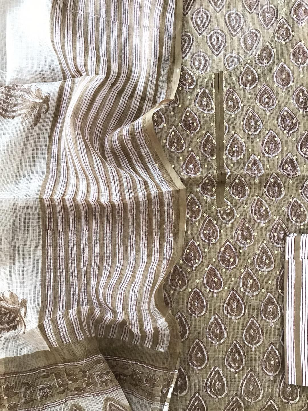 Pure Kota Cotton Printed Embroidered Suit - Beige