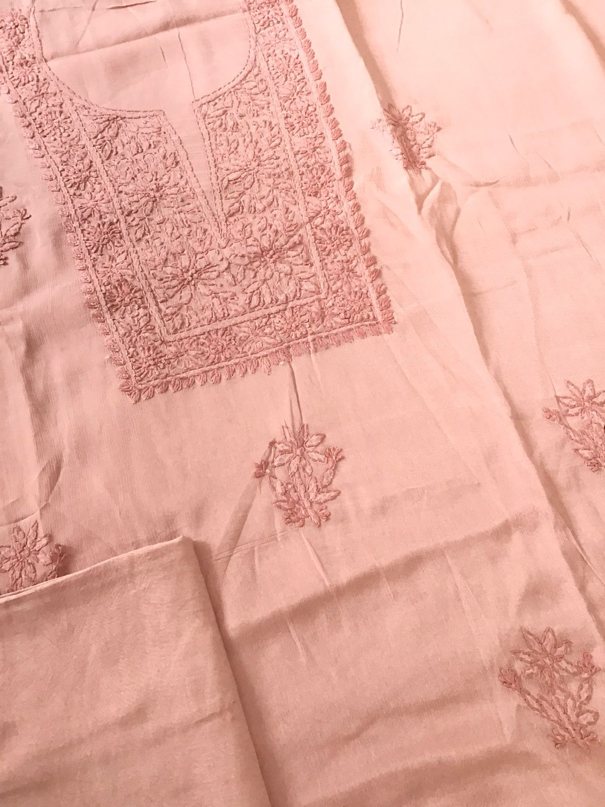Pure Chinnon Silk Embroidered Suit - Peach