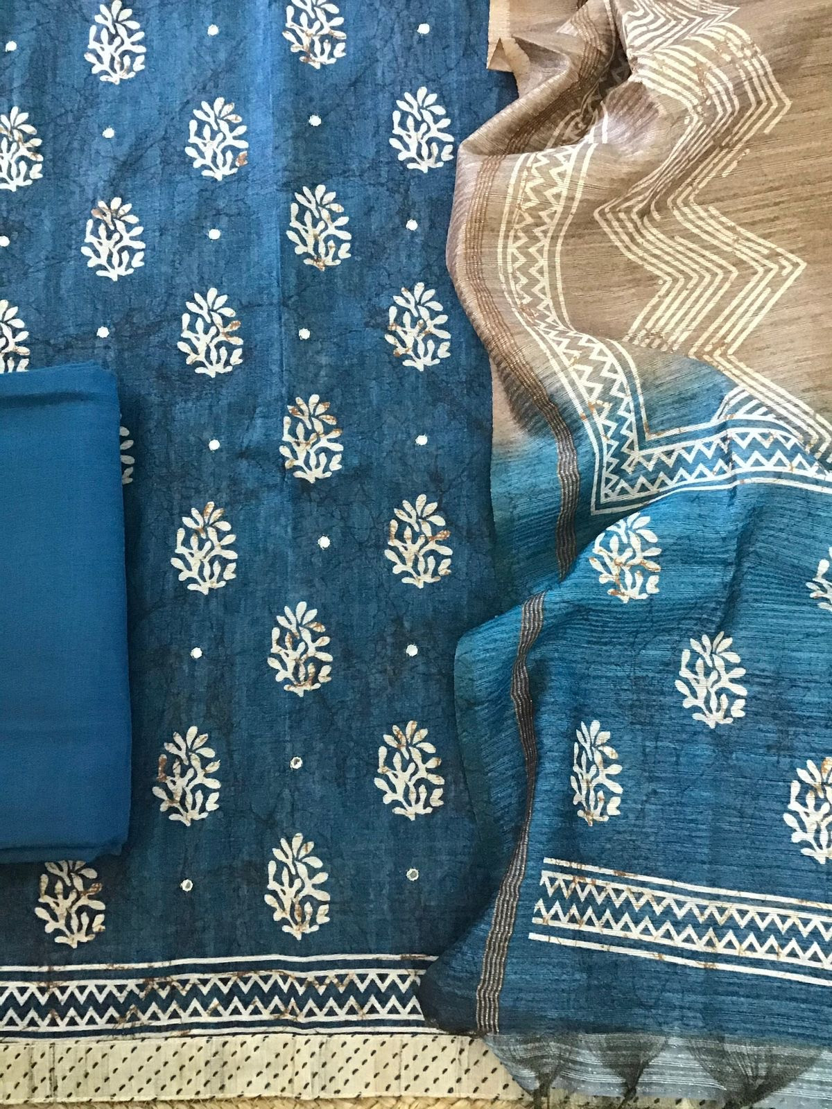 Soft Kora Chanderi Printed Embroidered Suit - Blue