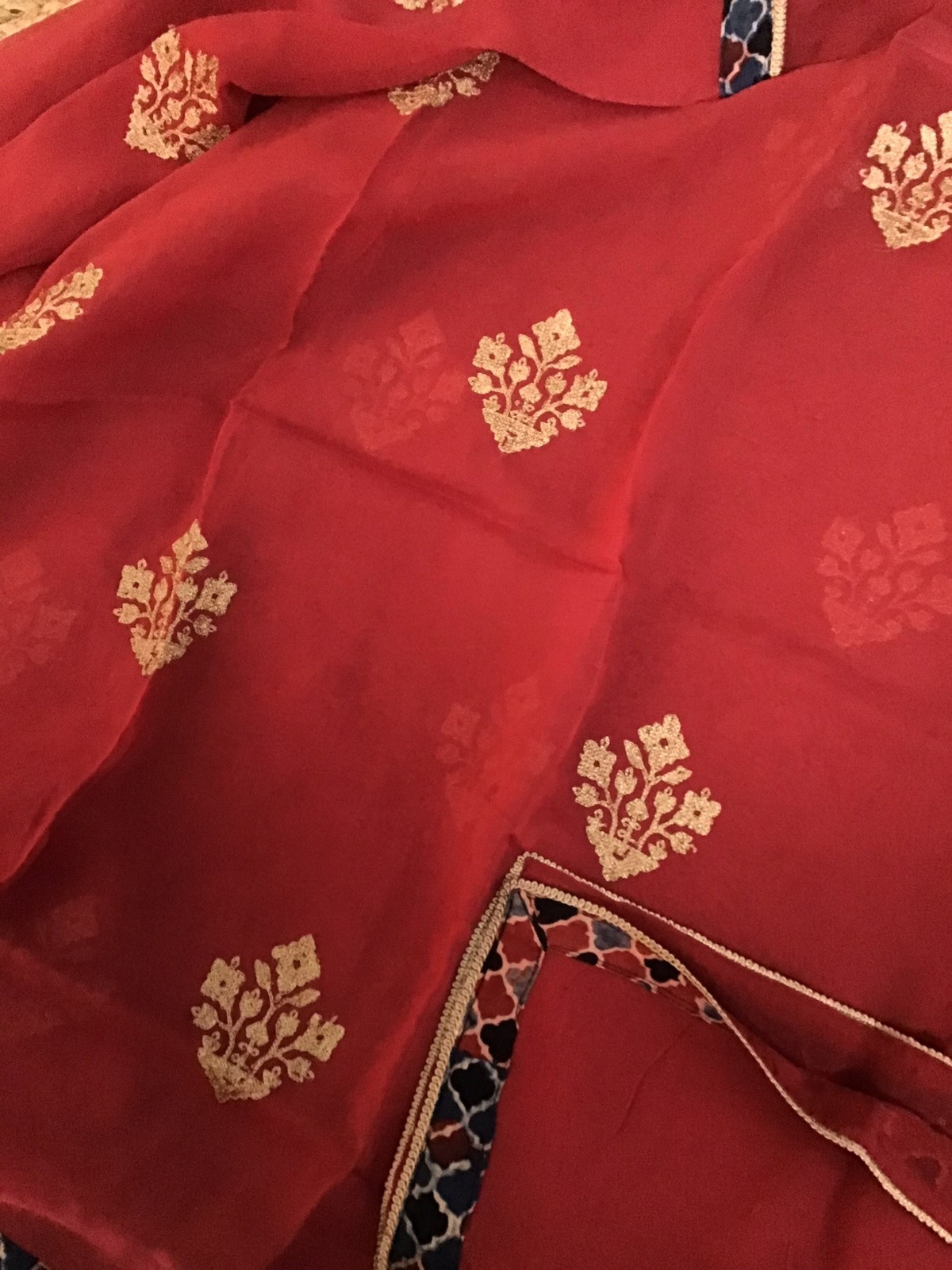 Pure Maheshwari Silk Ajrakh Printed Embroidered Suit - Black