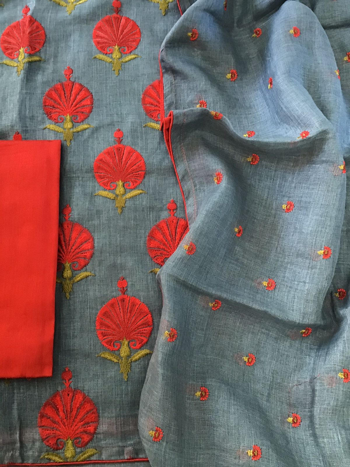 Pure Linen Jute Cotton Embroidered Suit - Grey