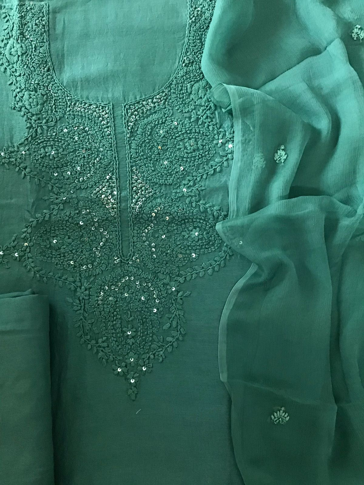 Pure Chanderi Silk Embroidered Suit - Green