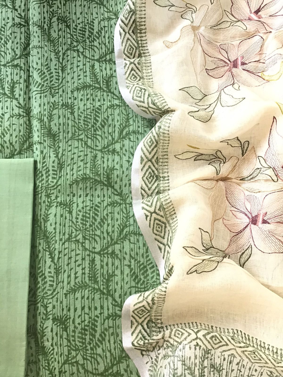 Pure Linen Jute Cotton Printed Embroidered Suit - Green