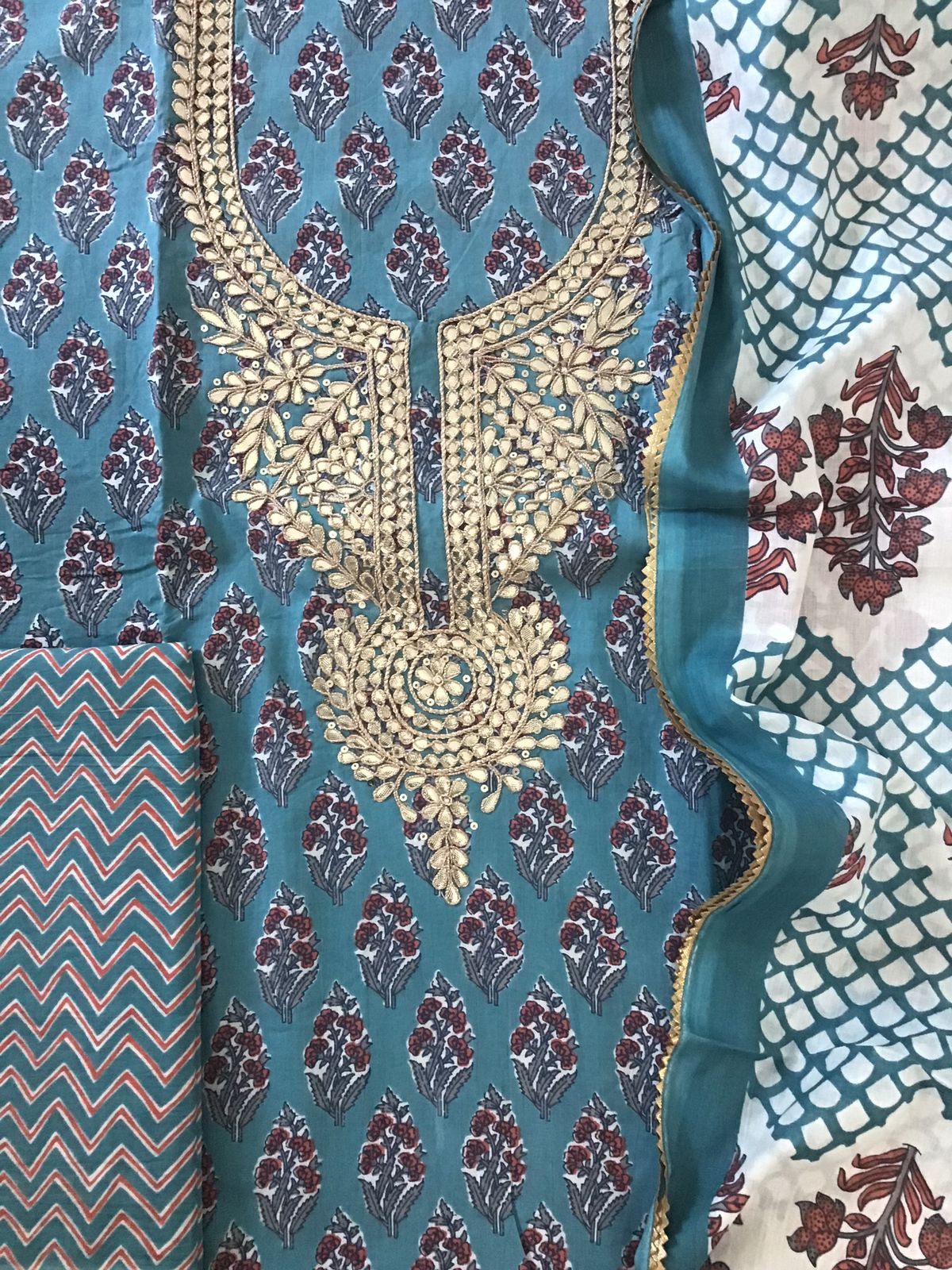 Pure Cotton Printed Embroidered Suit - Blue