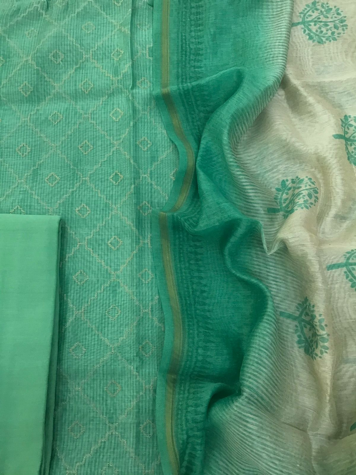 Soft Kora Chanderi Printed Embroidered Suit - Green