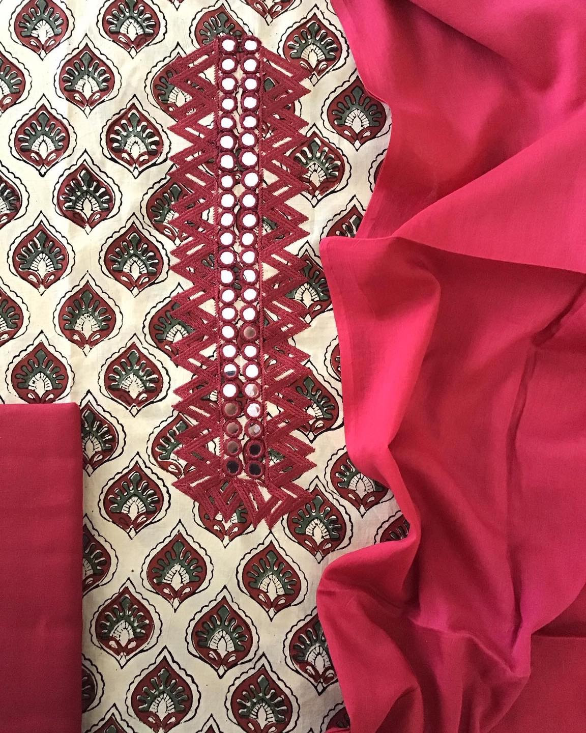 Pure Cotton Printed Embroidered Suit - Cream