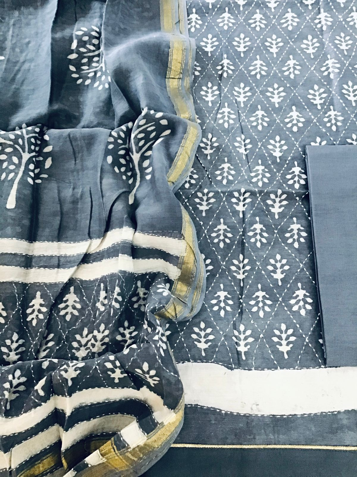 Pure Chanderi Printed Embroidered Suit - Grey