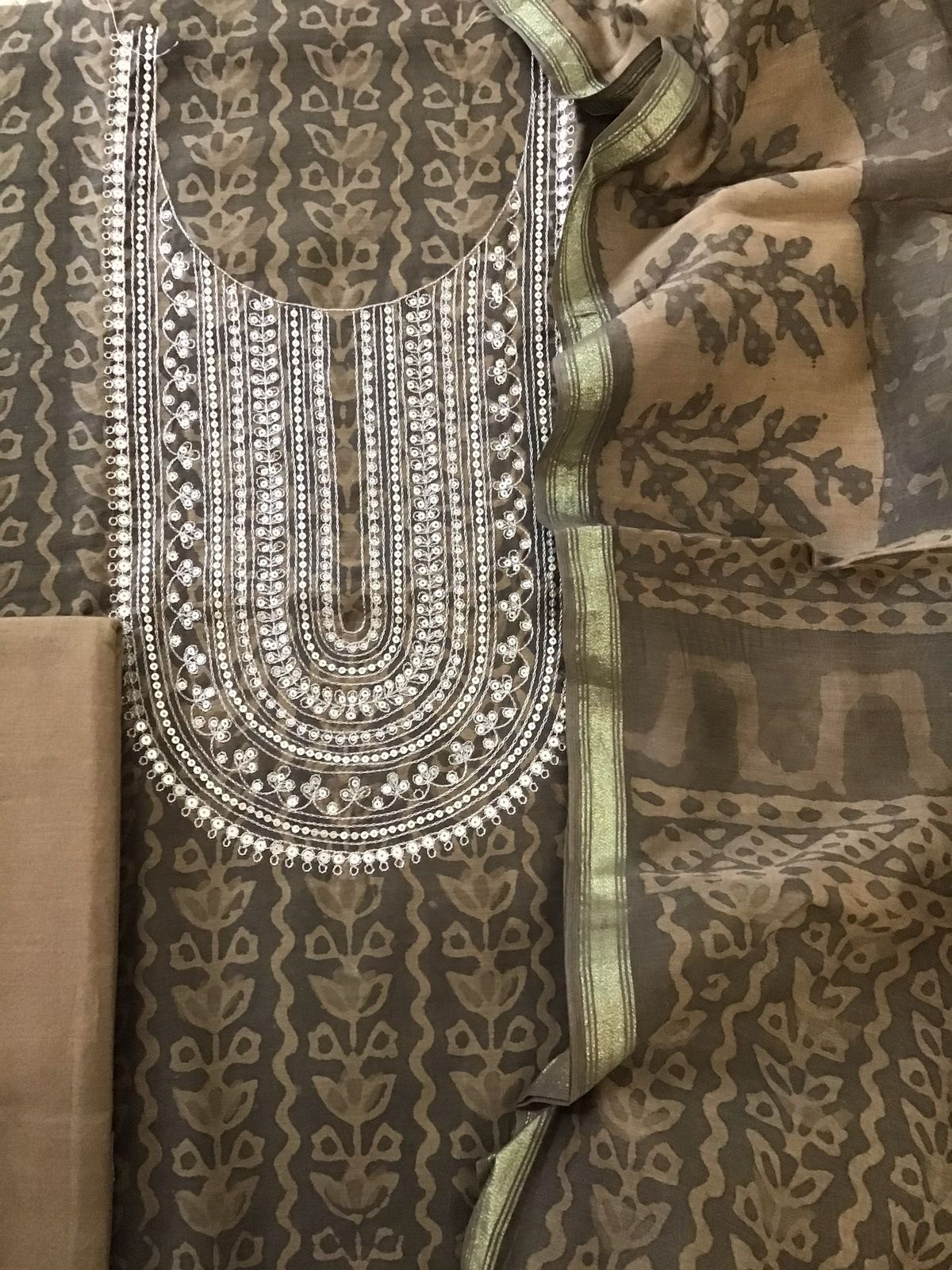 Pure Chanderi Printed Embroidered Suit - Brown