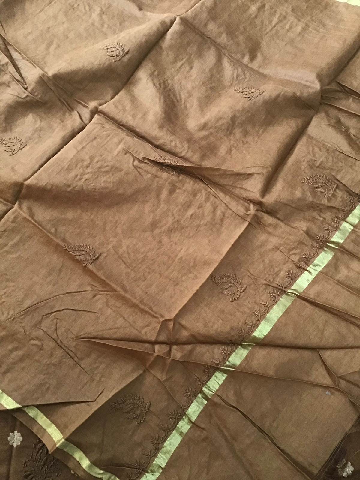 Pure Chanderi Chikankari Embroidered Suit - Brown