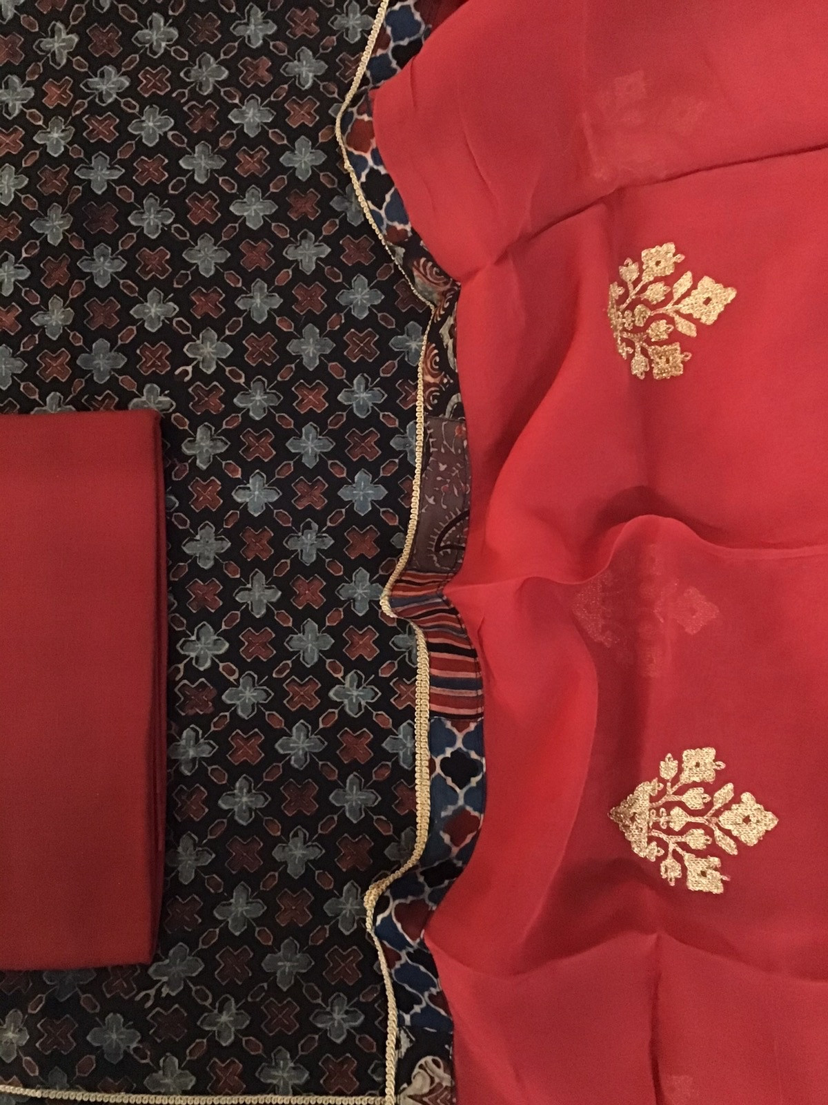 Pure Maheshwari Silk Ajrakh Printed Embroidered Suit - Black