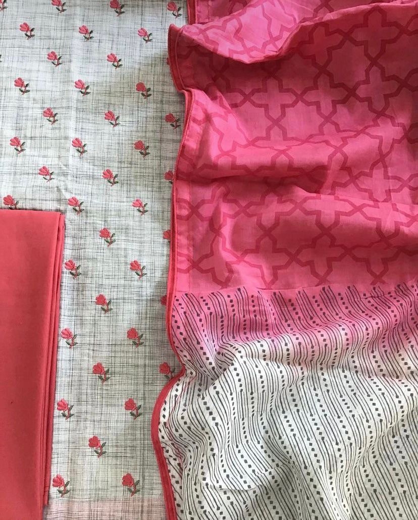 Pure Cotton Printed Embroidered Suit - Grey