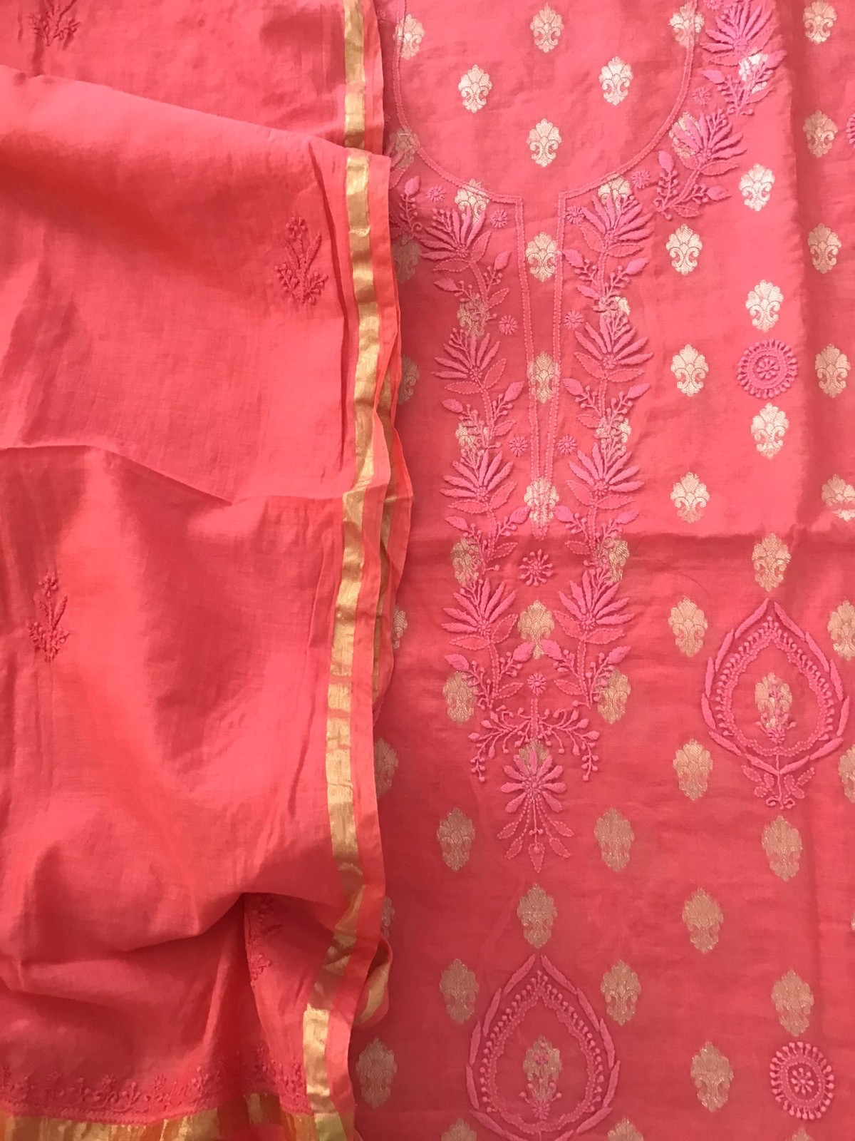 Pure Chanderi Chikankari Embroidered Suit - Peach