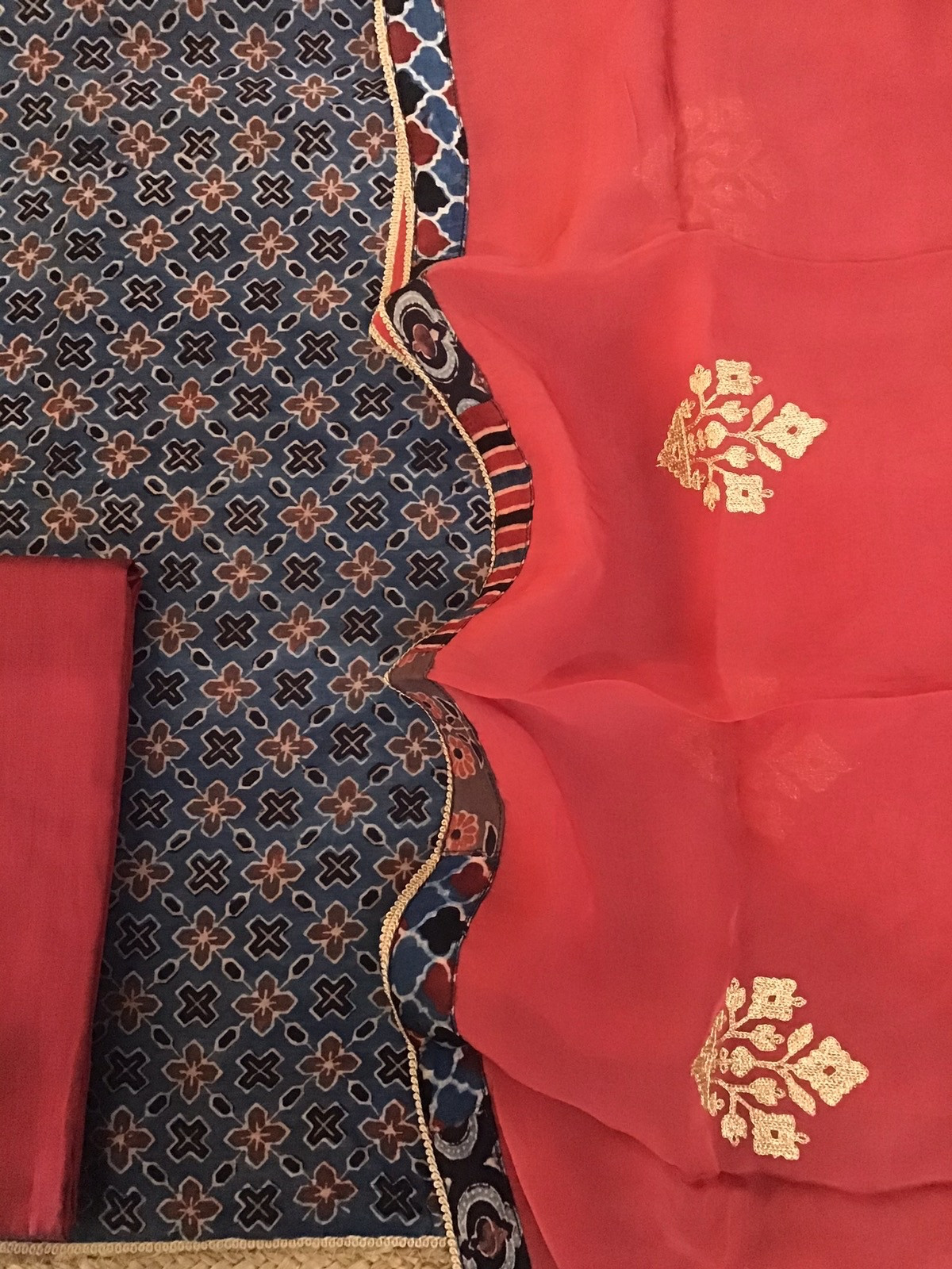 Pure Maheshwari Silk Ajrakh Printed Embroidered Suit - Blue