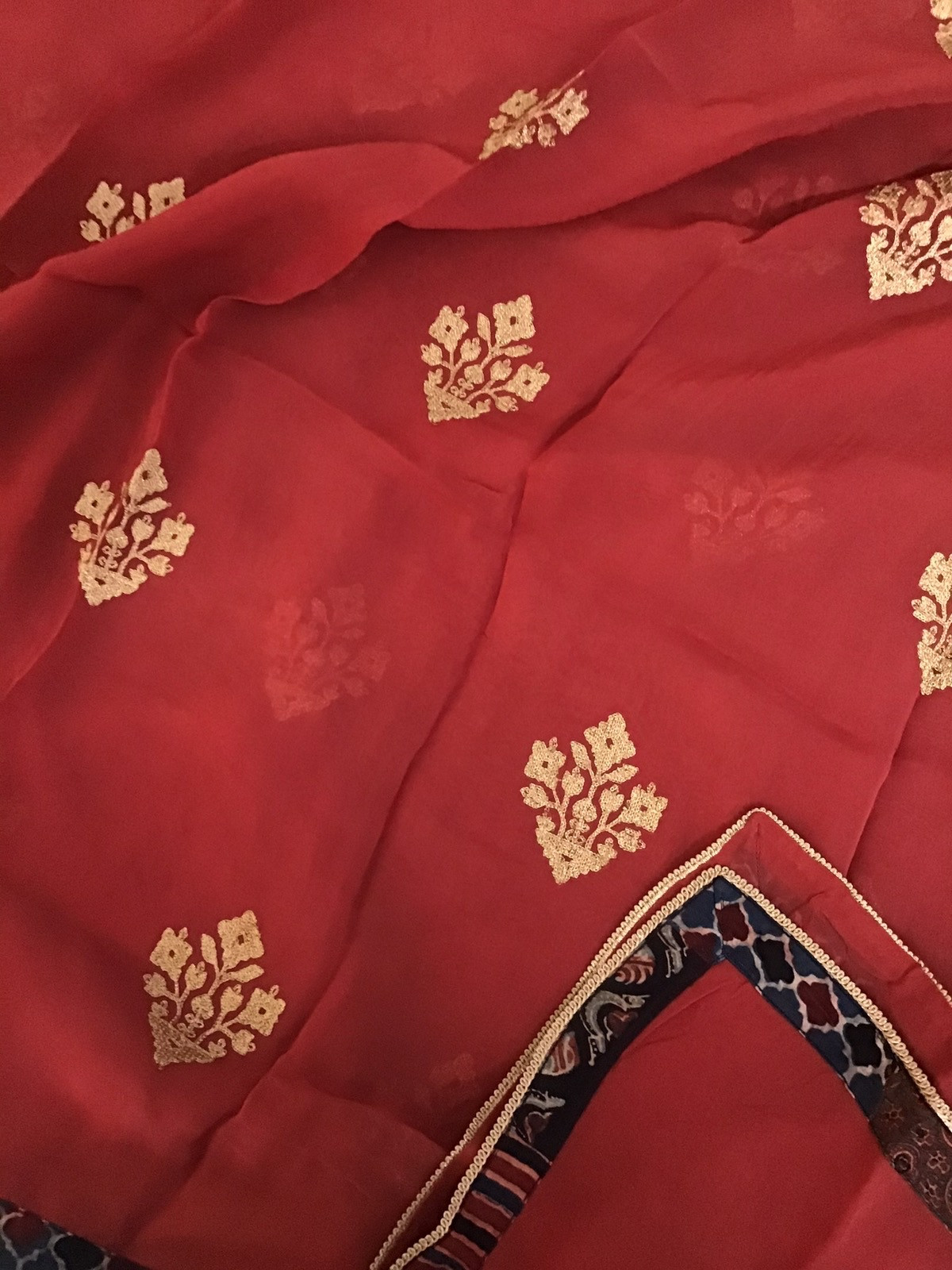 Pure Maheshwari Silk Ajrakh Printed Embroidered Suit - Blue