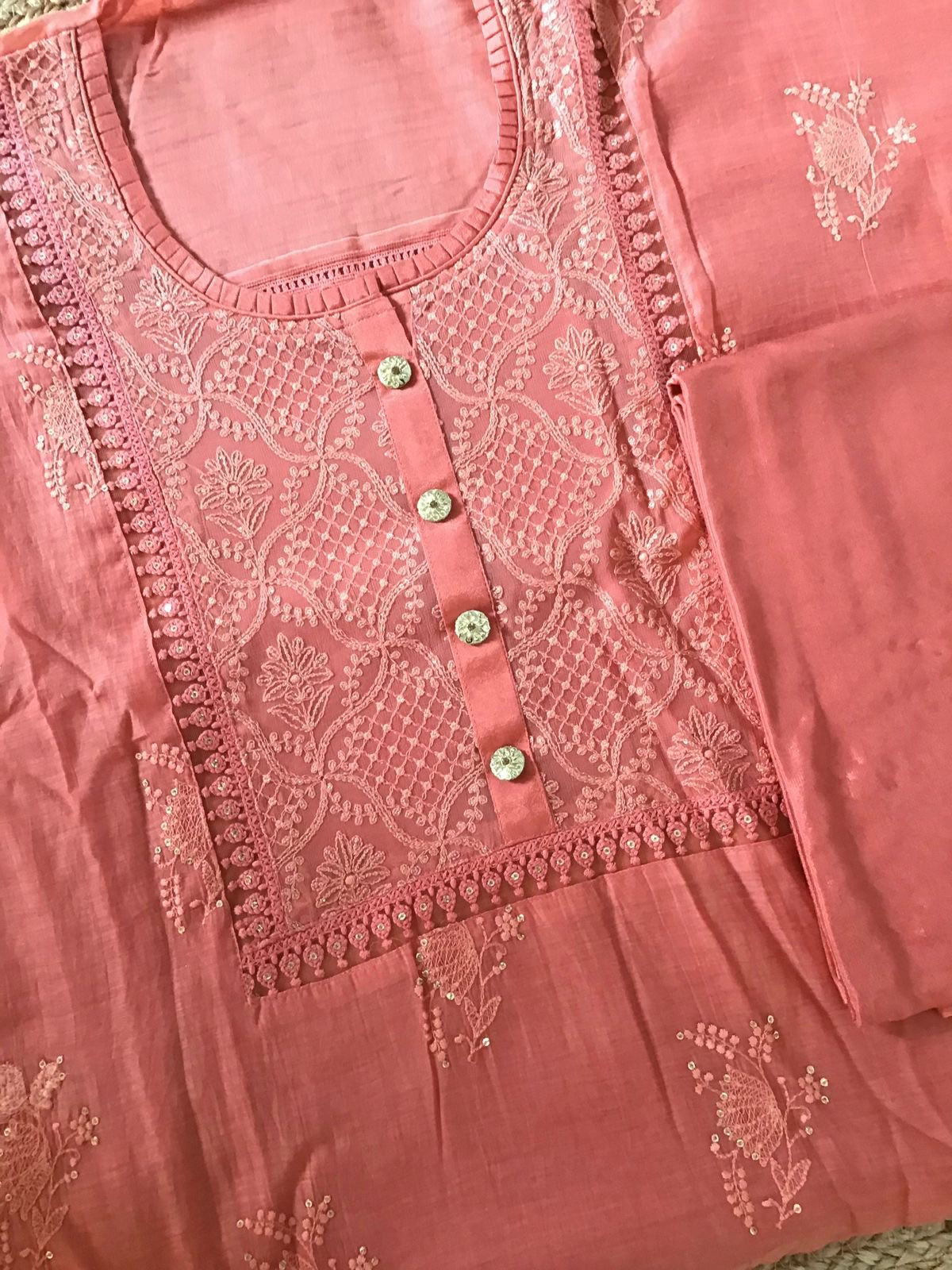Pure Chanderi Embroidered Suit - Peach