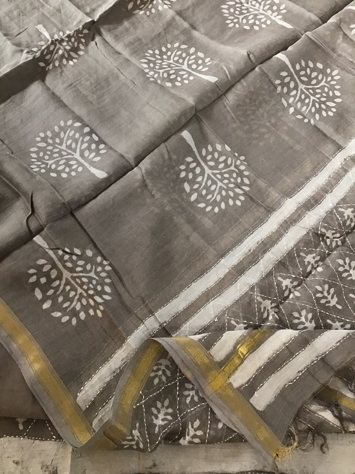 Pure Chanderi Printed Embroidered Suit - Beigish Grey