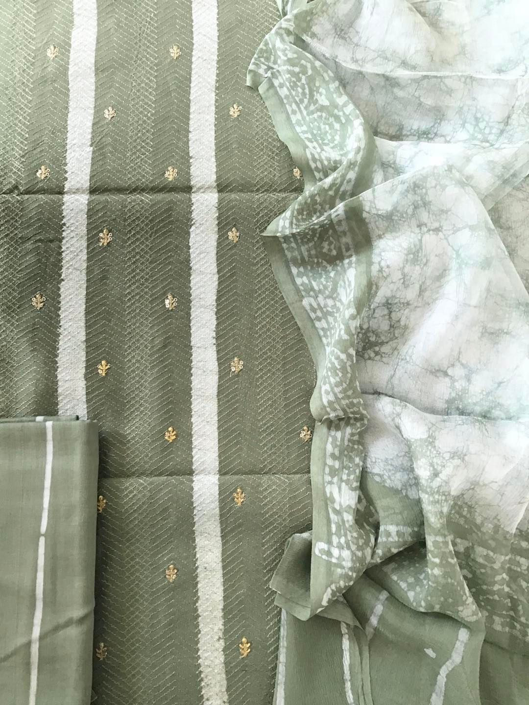 Pure Chanderi Silk Printed Embroidered Suit - Green