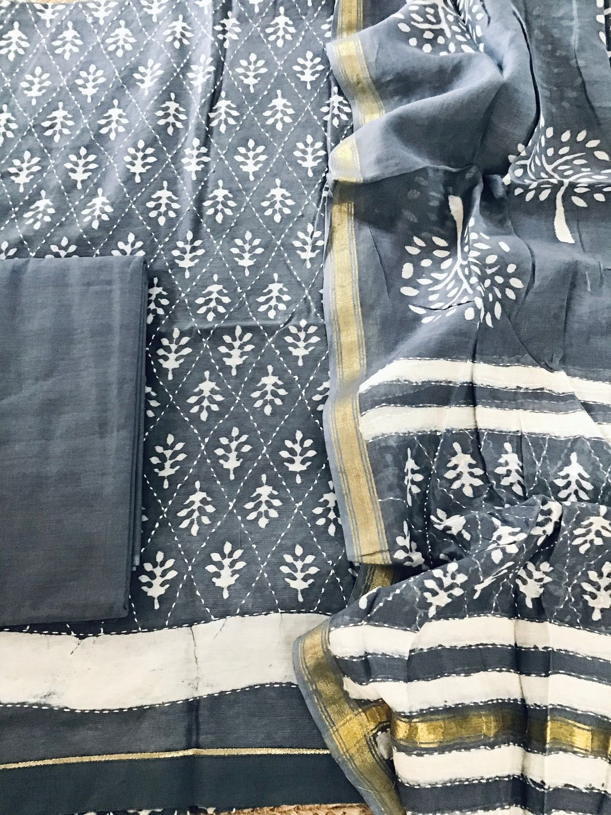 Pure Chanderi Printed Embroidered Suit - Grey