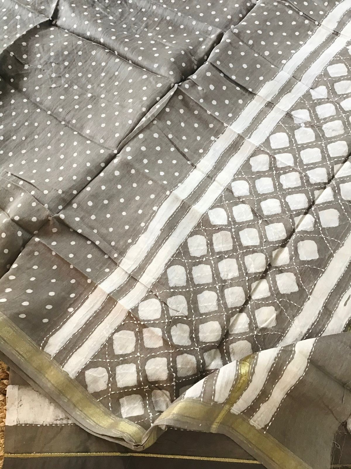 Pure Chanderi Printed Embroidered Suit - Beigish Grey