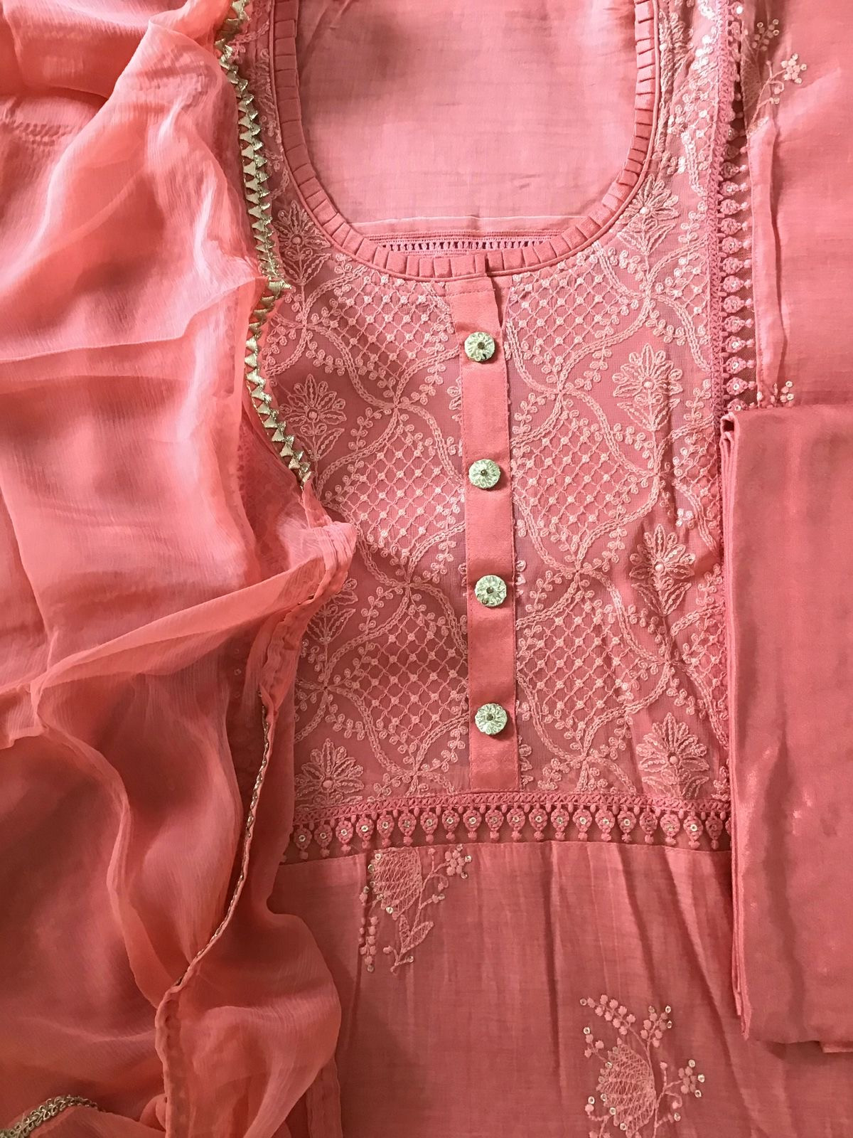 Pure Chanderi Embroidered Suit - Peach