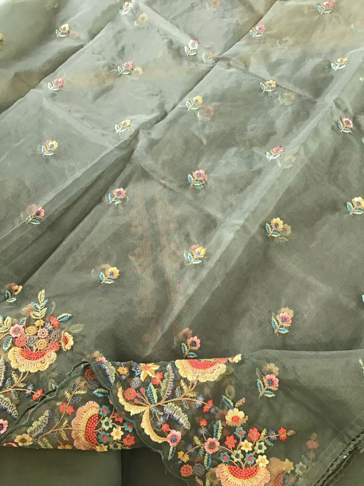 Pure Chanderi Silk Embroidered Suit - Grey