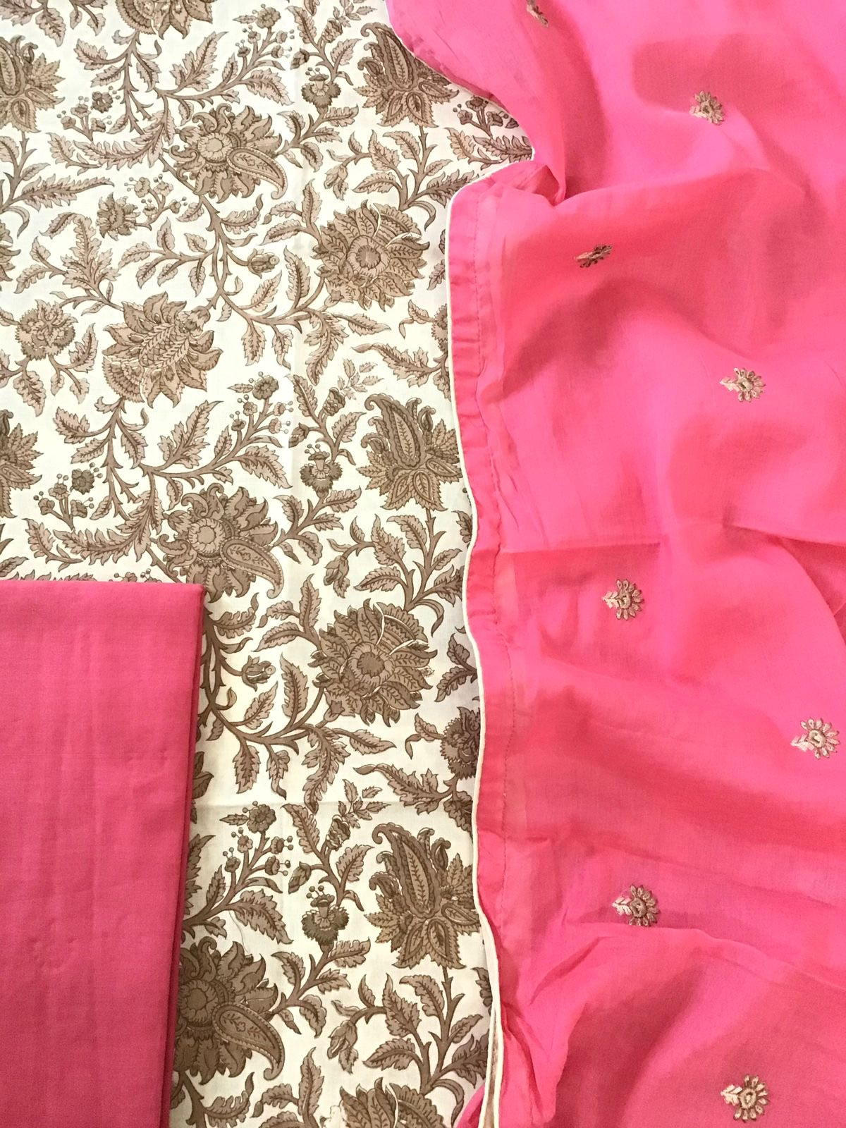 Pure Cotton Printed Embroidered Dupatta Suit - BeigePink