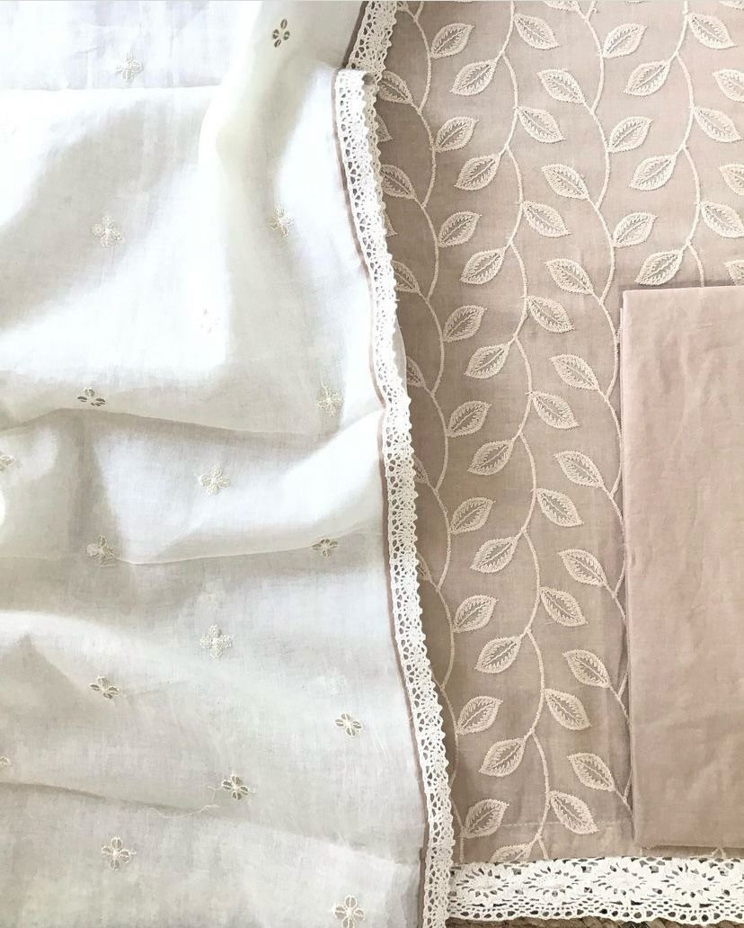 Pure Cotton Embroidered Suit - Beige
