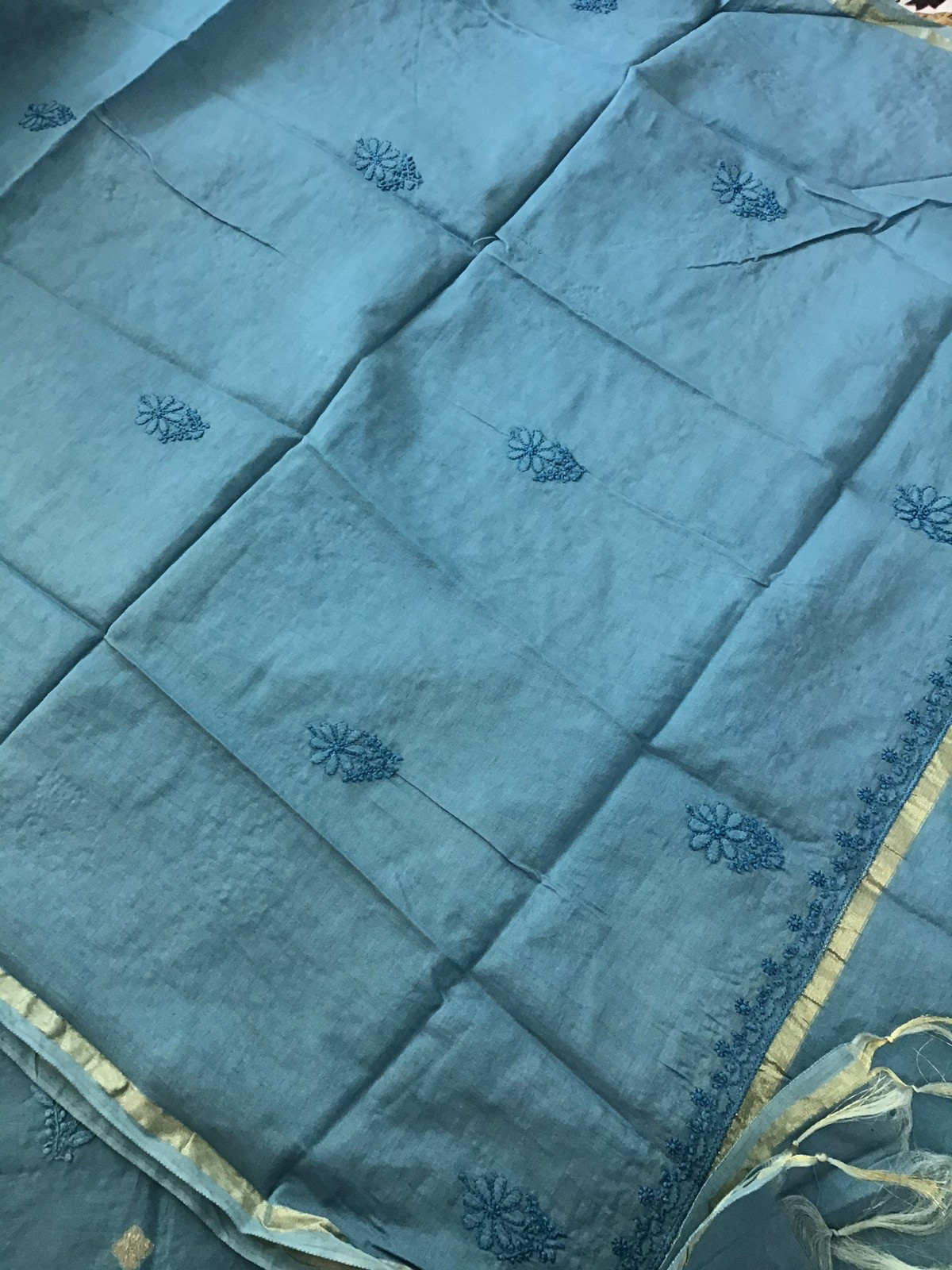 Pure Chanderi Chikankari Embroidered Suit - Blue