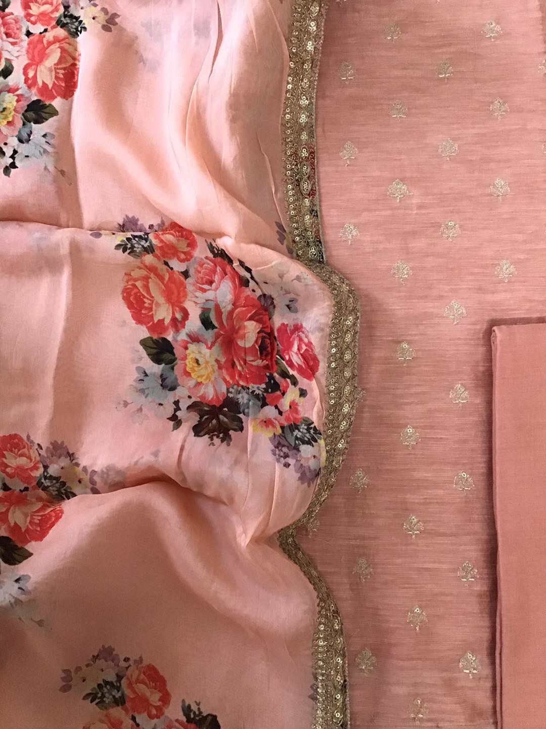 Pure Linen Chanderi Silk Embroidered Suit - Peach