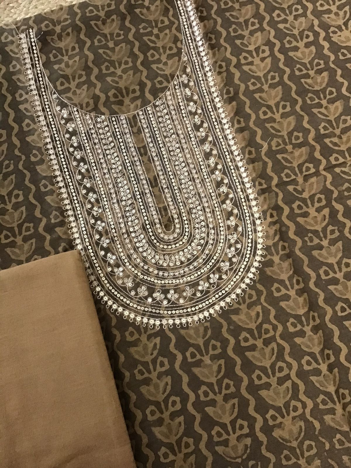 Pure Chanderi Printed Embroidered Suit - Brown