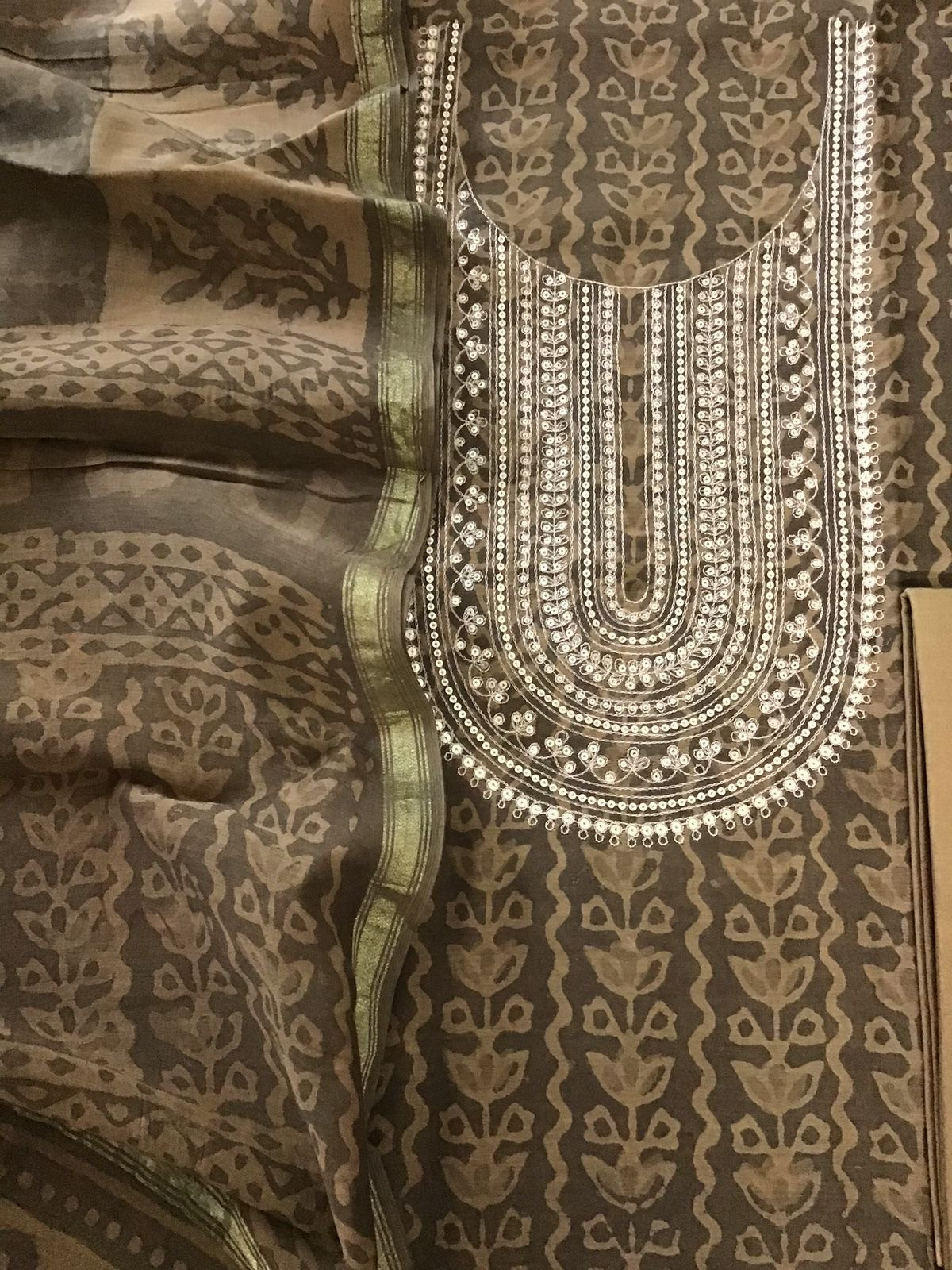 Pure Chanderi Printed Embroidered Suit - Brown