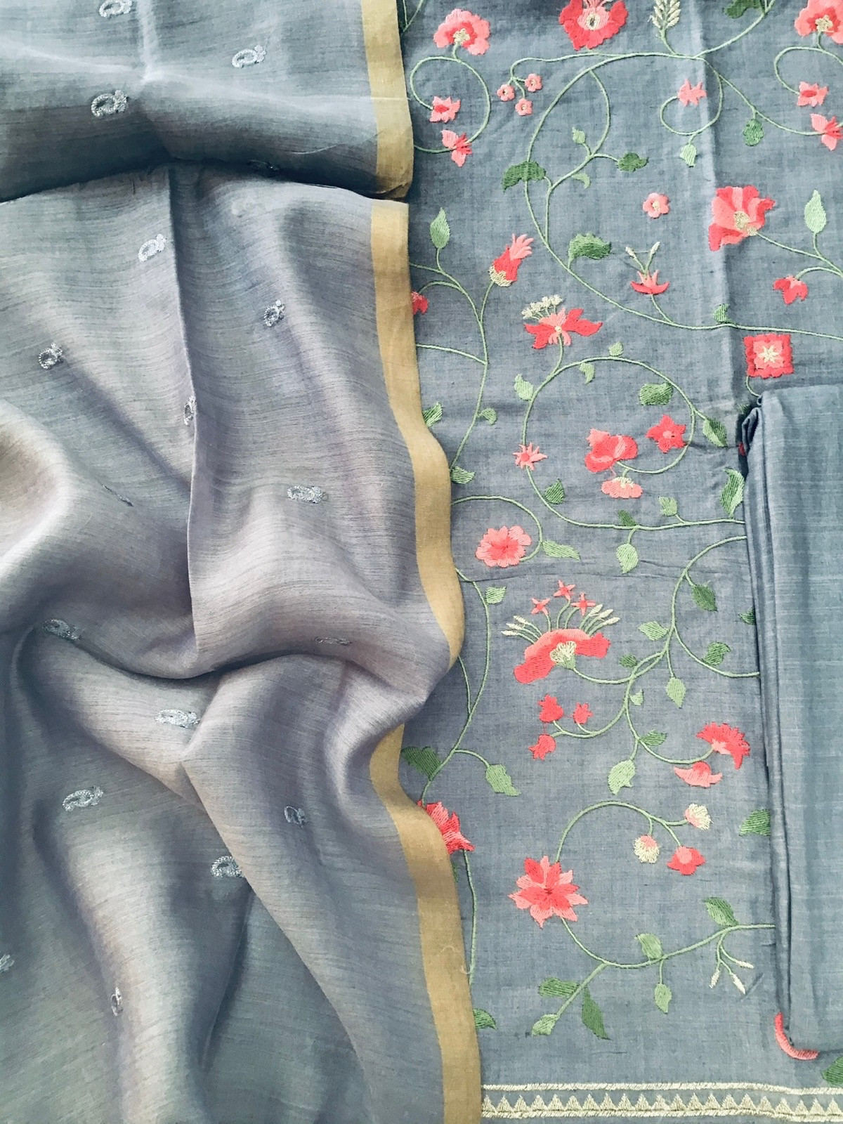 Pure Munga Silk Embroidered Suit - Grey