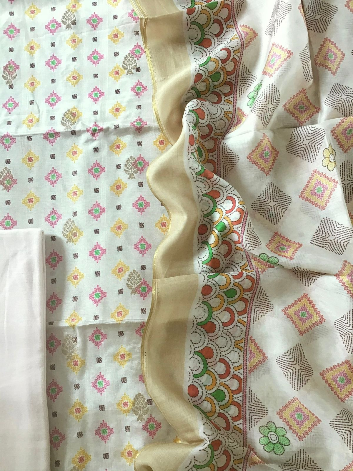 Pure Muslin Printed Banarasi Weaved Suit - Beige