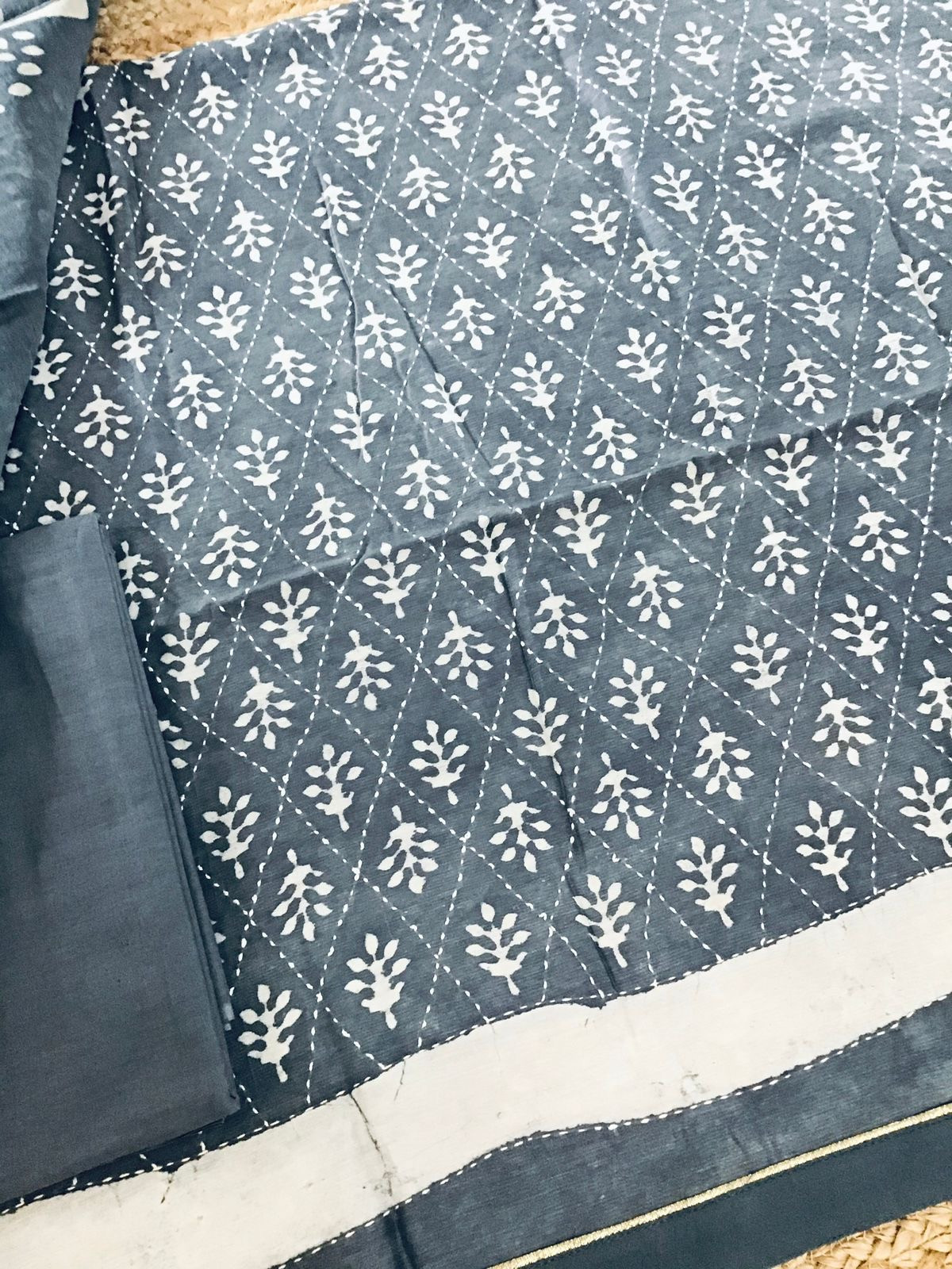 Pure Chanderi Printed Embroidered Suit - Grey