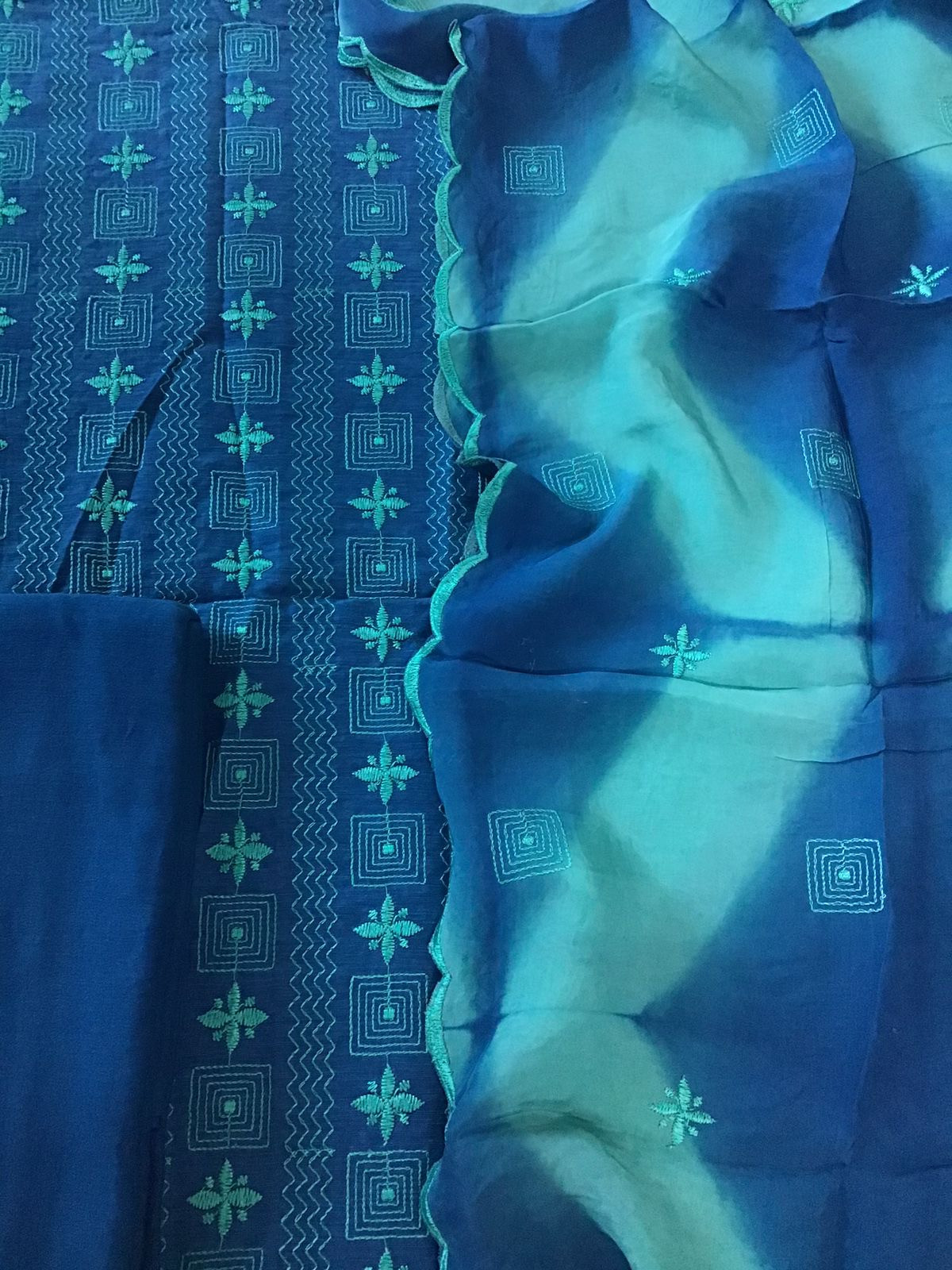 Pure Linen Chanderi Silk Embroidered Suit - Blue